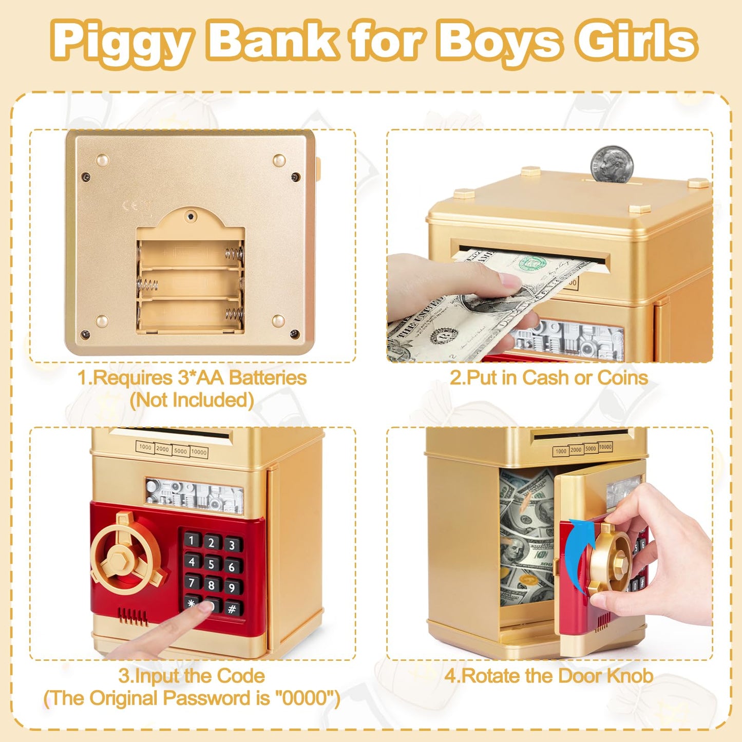 Refasy Money Bank for Kids (3-12) – Password-Protected Piggy Bank, Gold