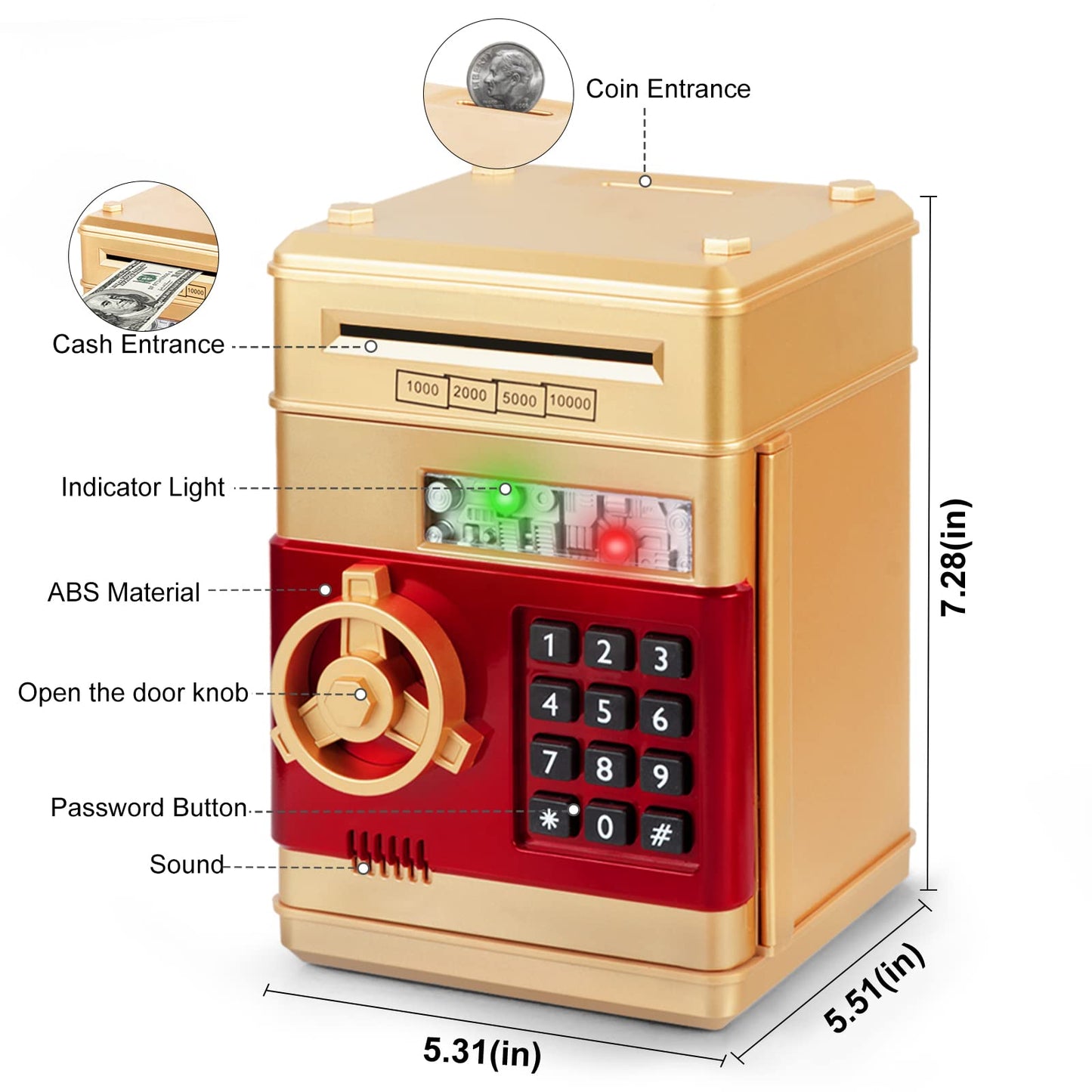 Refasy Money Bank for Kids (3-12) – Password-Protected Piggy Bank, Gold