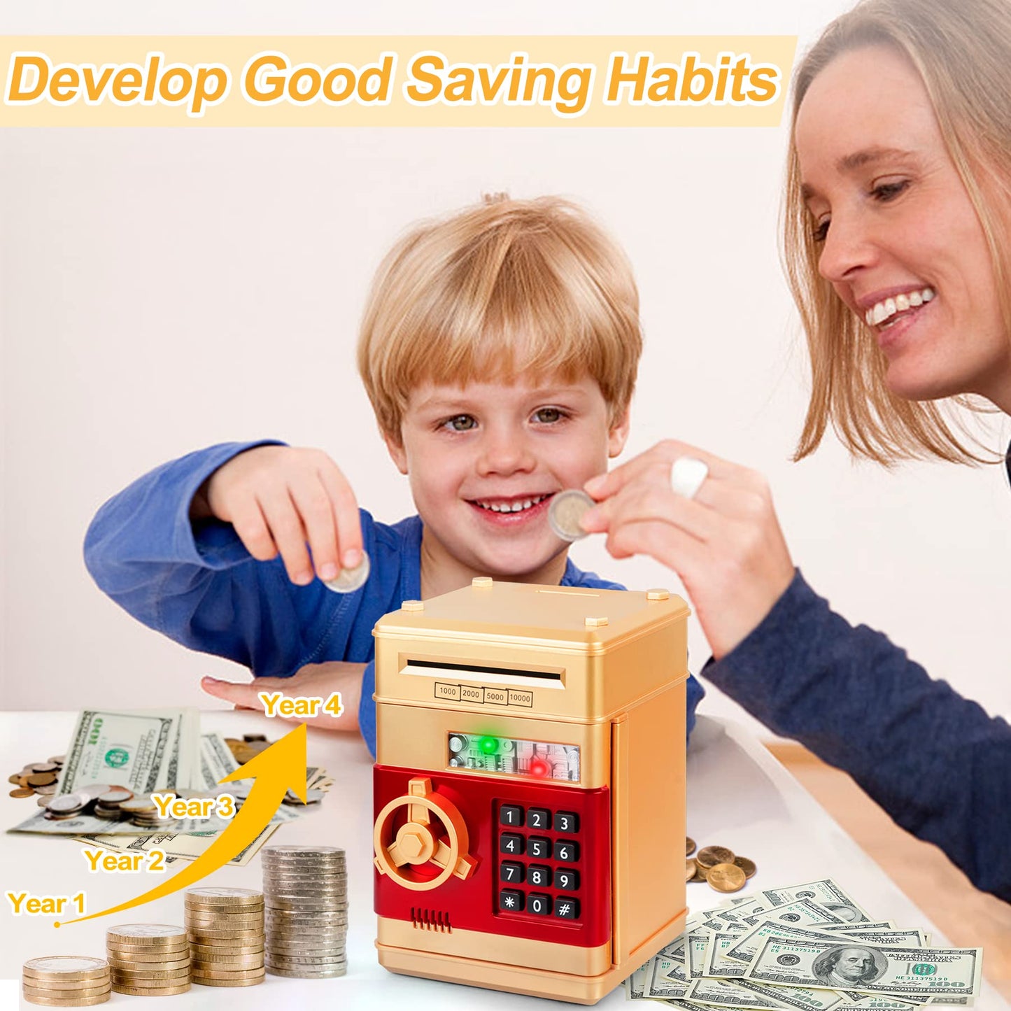Refasy Money Bank for Kids (3-12) – Password-Protected Piggy Bank, Gold
