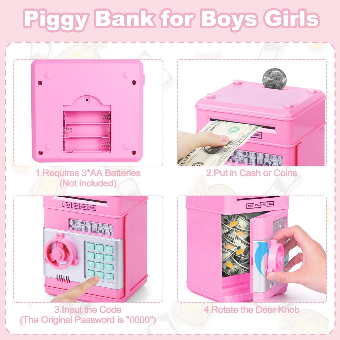 Refasy Electronic Piggy Bank — Pink Password Money Safe for Kids (Ages 3+)