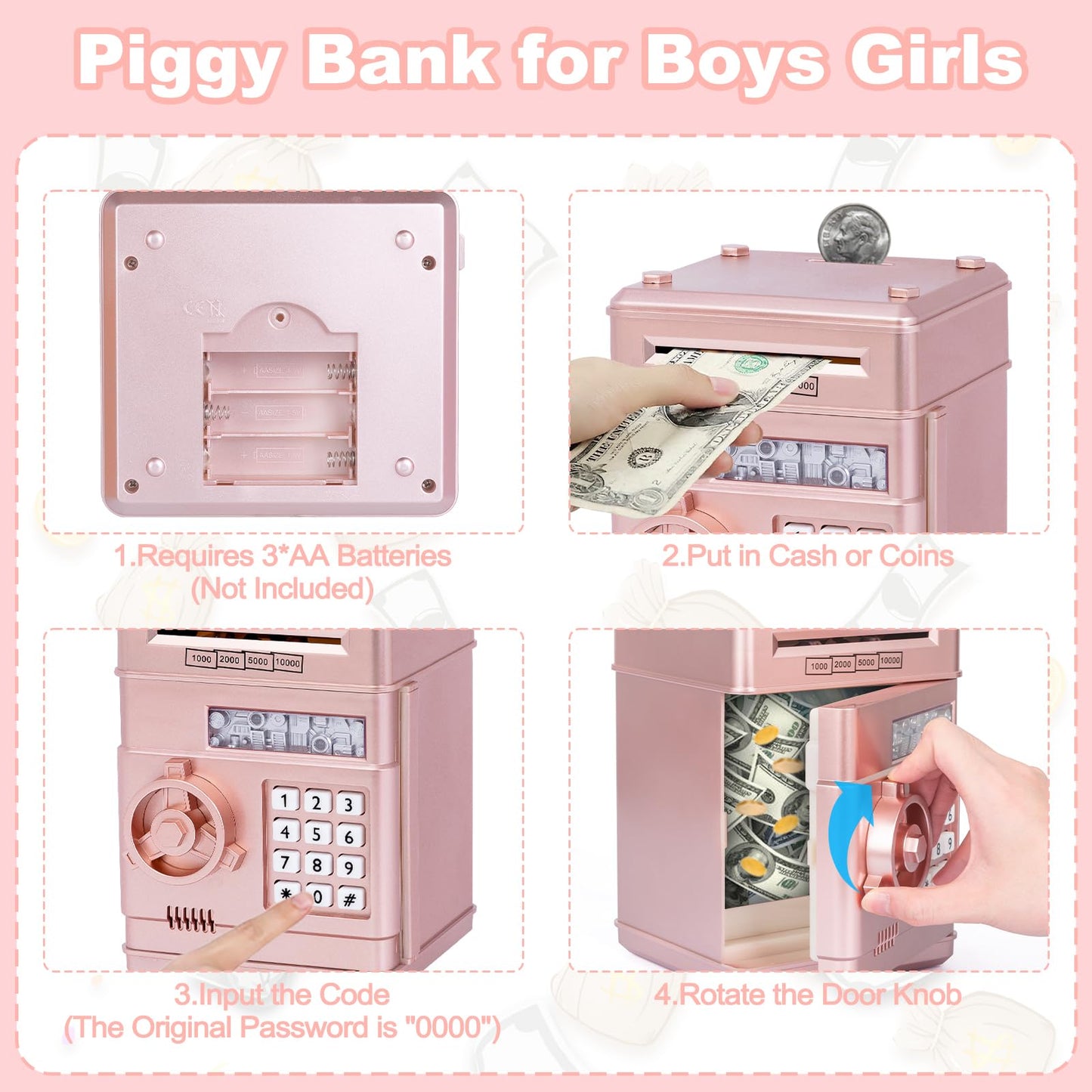 Refasy Piggy Bank Toy – Rose Gold Electronic ATM with Password Lock for Kids 3-12