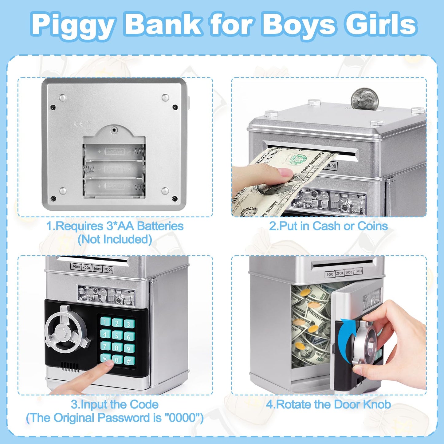 Refasy Piggy Bank Money Safe with Password – Kids ATM Bank for Ages 3+ (Silver)