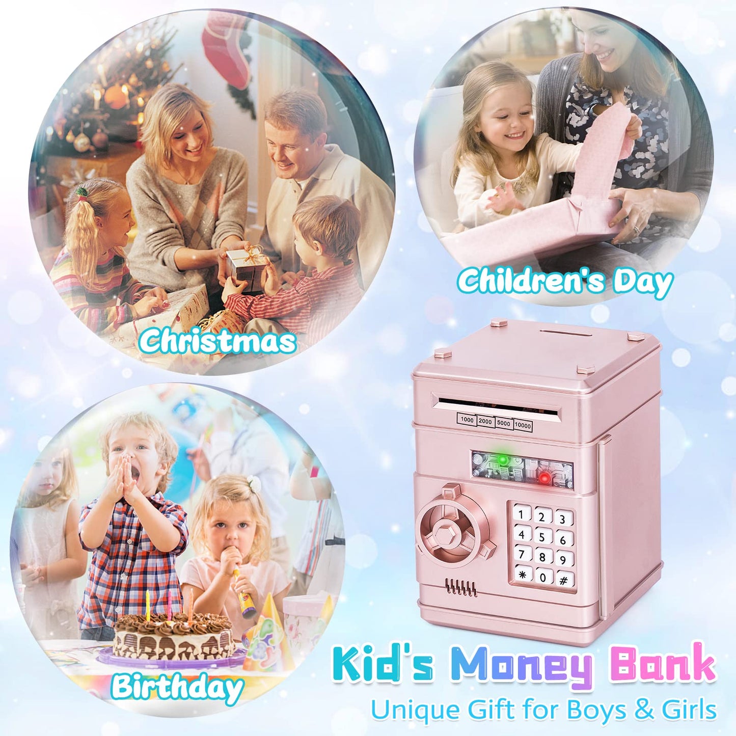 Refasy Piggy Bank Toy – Rose Gold Electronic ATM with Password Lock for Kids 3-12