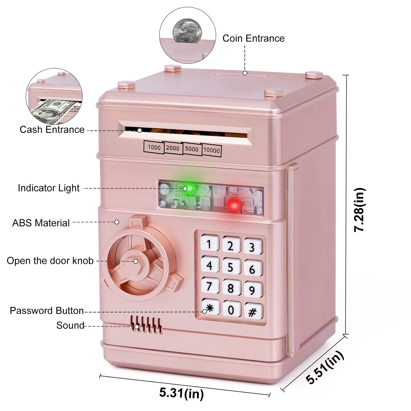 Refasy Piggy Bank Toy – Rose Gold Electronic ATM with Password Lock for Kids 3-12