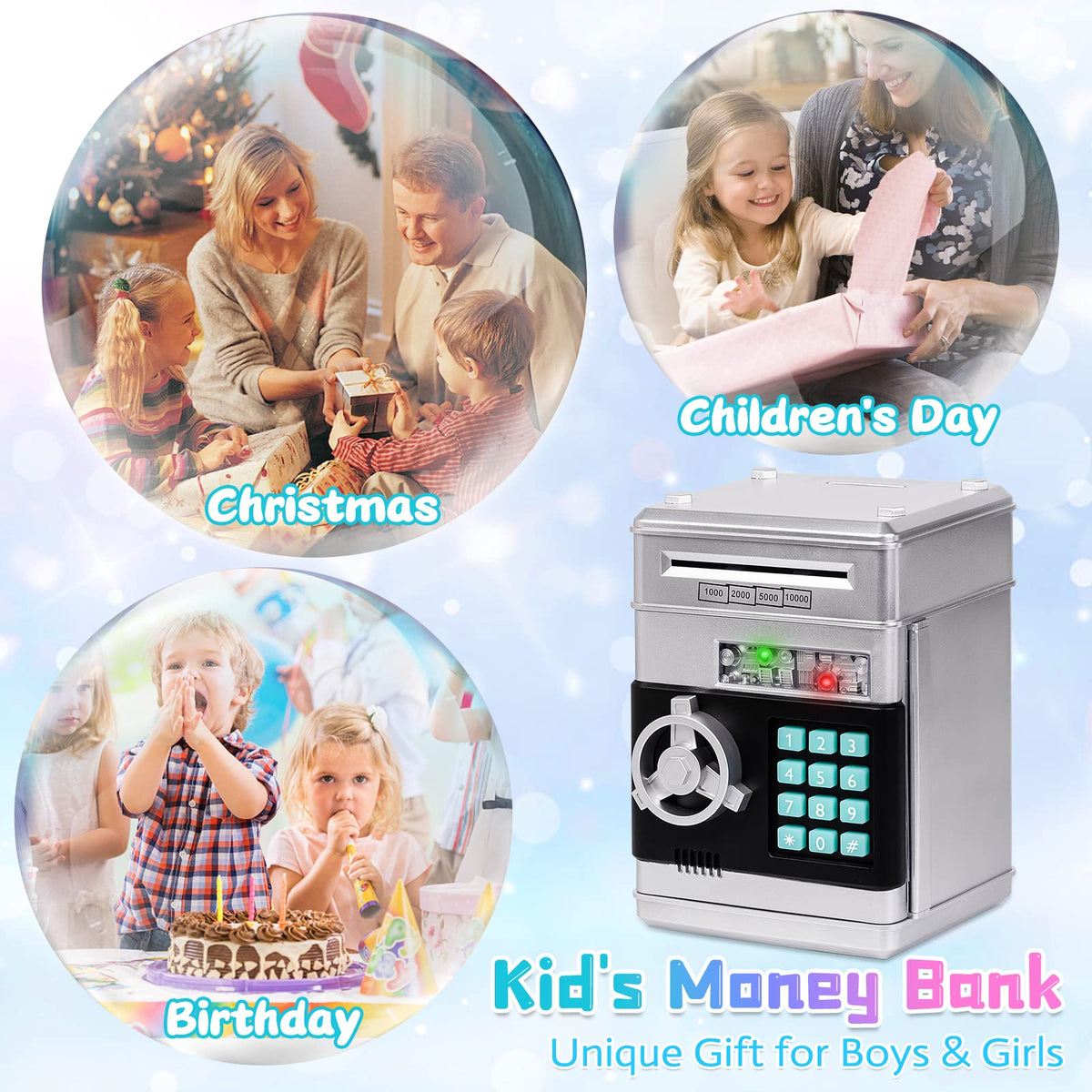 Refasy Piggy Bank Money Safe with Password – Kids ATM Bank for Ages 3+ (Silver)