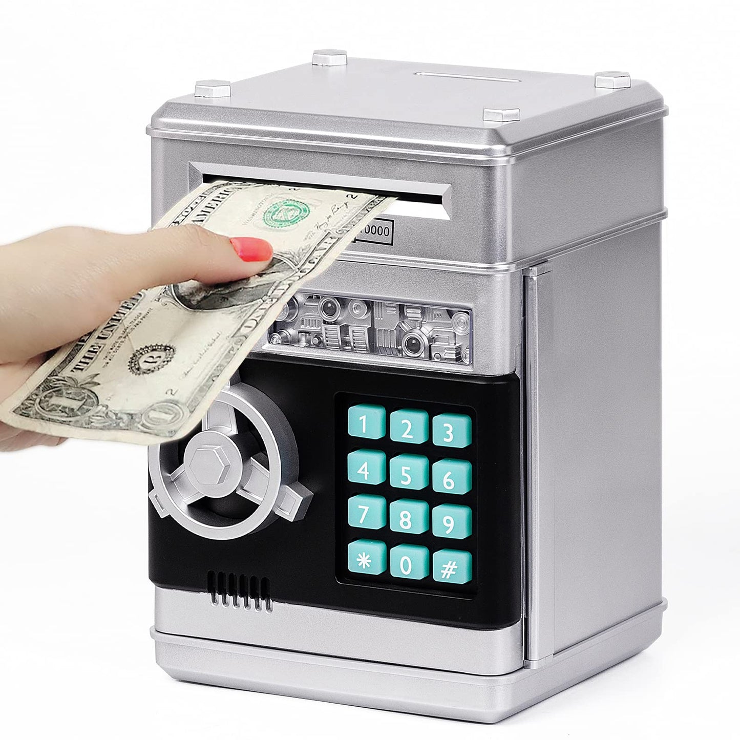 Refasy Piggy Bank Money Safe with Password – Kids ATM Bank for Ages 3+ (Silver)