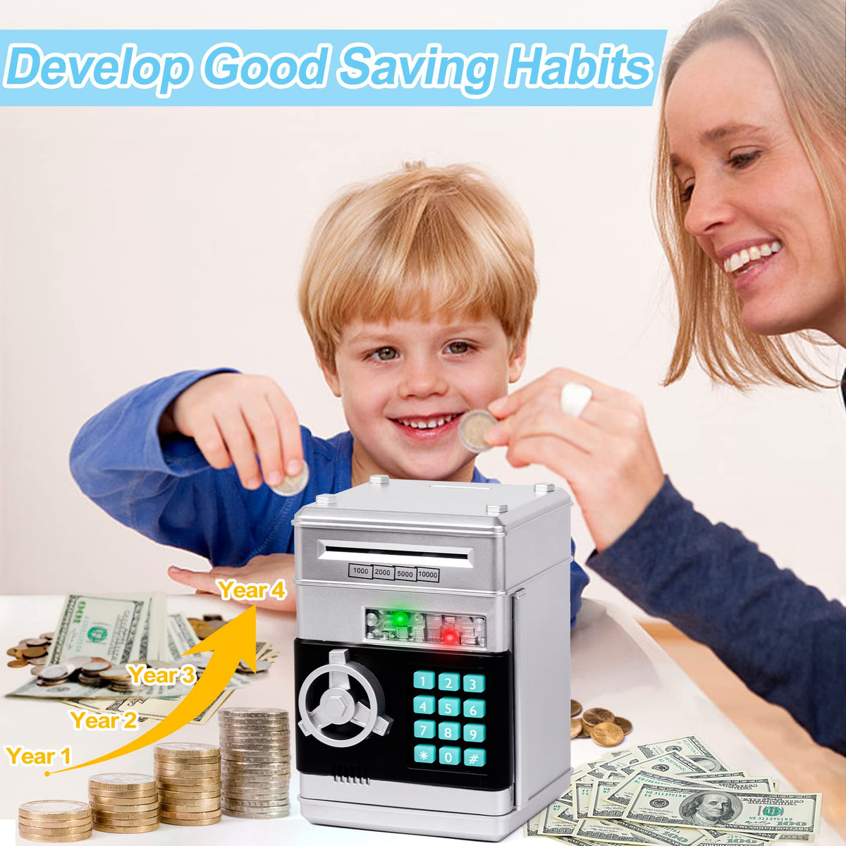 Refasy Piggy Bank Money Safe with Password – Kids ATM Bank for Ages 3+ (Silver)