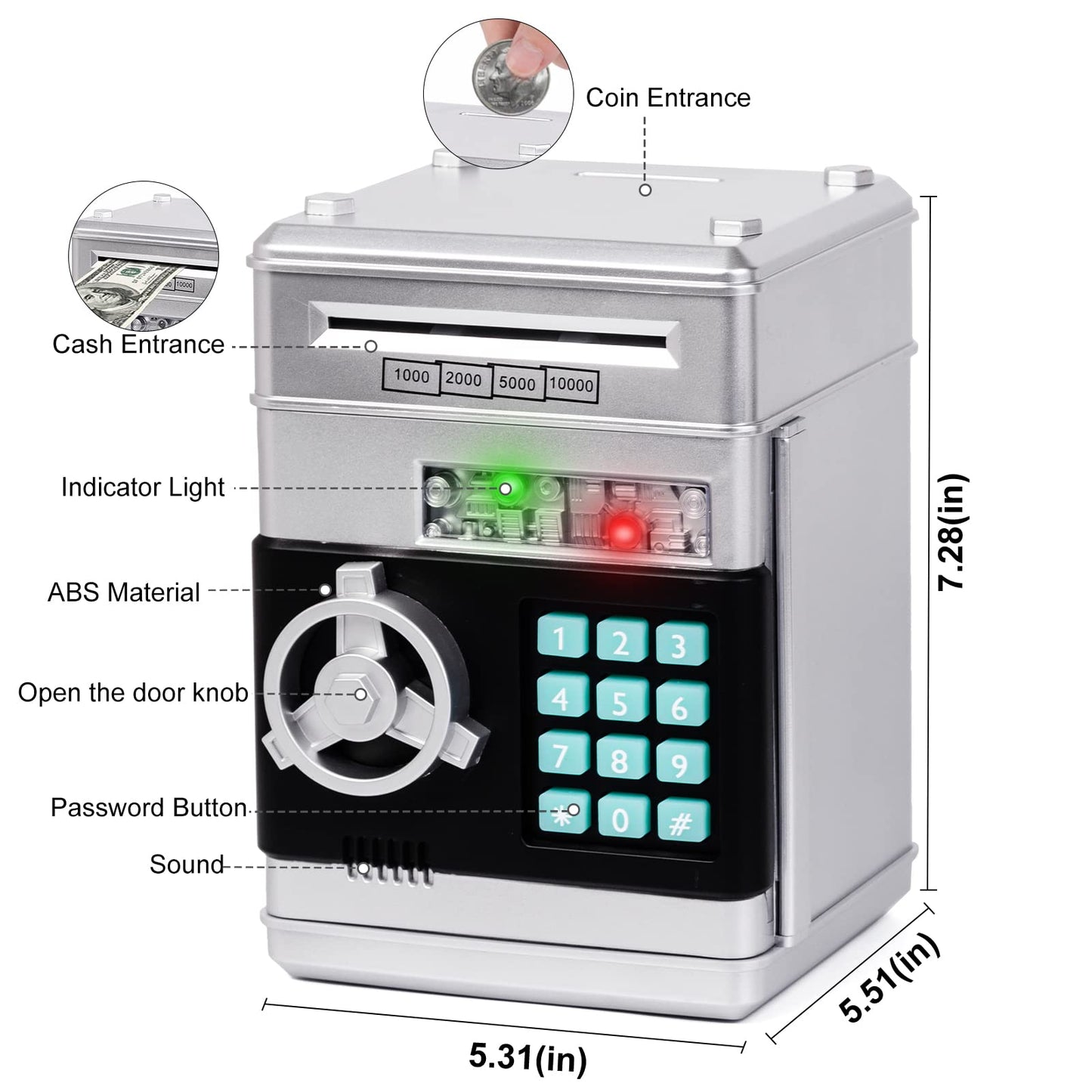 Refasy Piggy Bank Money Safe with Password – Kids ATM Bank for Ages 3+ (Silver)
