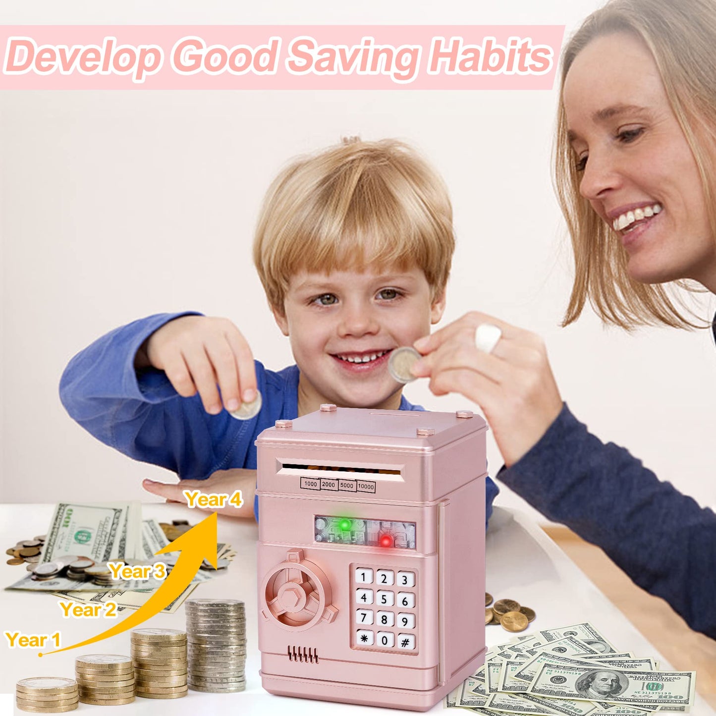Refasy Piggy Bank Toy – Rose Gold Electronic ATM with Password Lock for Kids 3-12