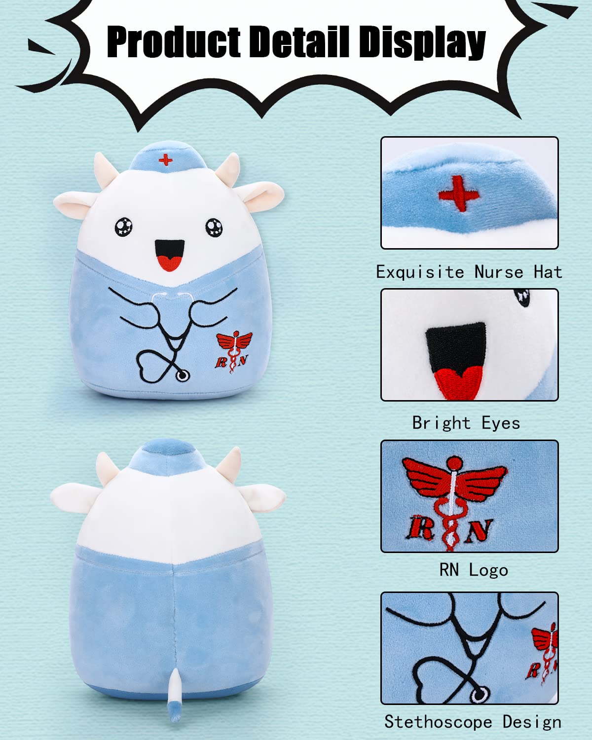 Refavor Nurse Cow Plush 8-Inch – Navy RN Hat Gift for Nurses, Students & Graduation