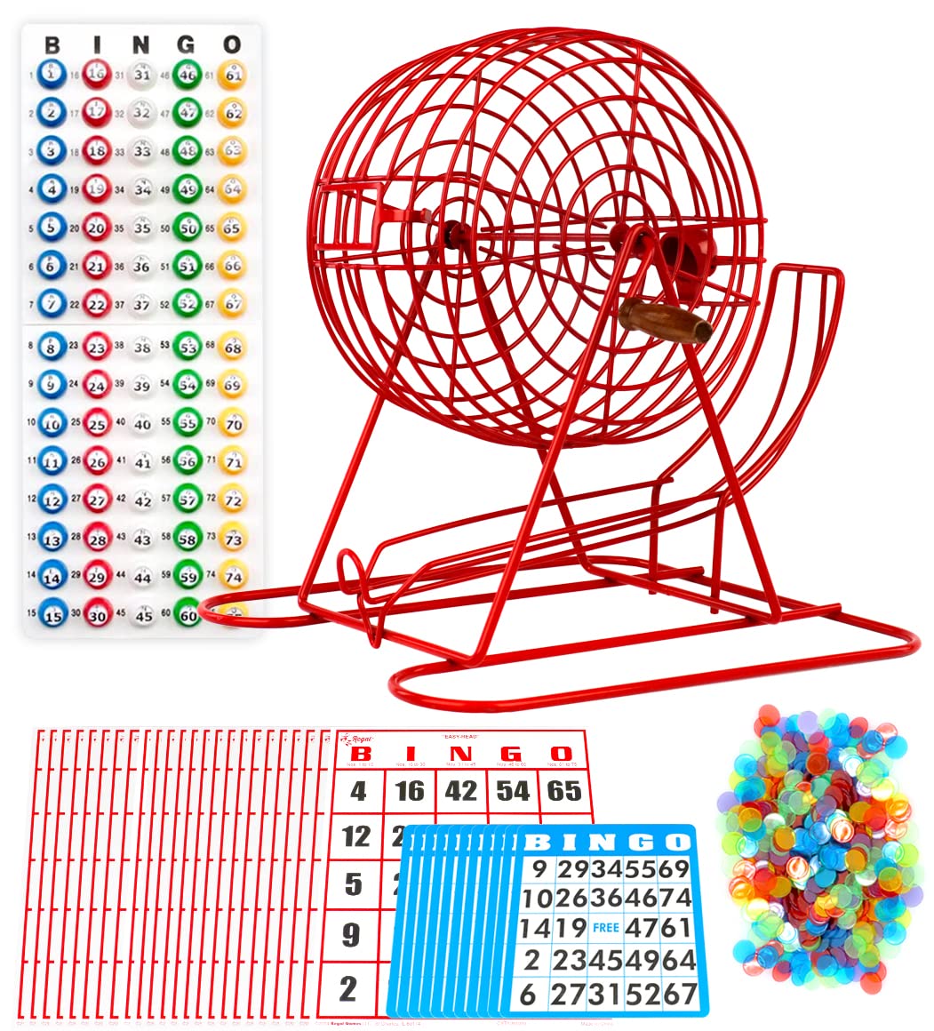 Regal Bingo Professional Set: 11-Inch Wheel Cage, 75 Balls, Master Board, 18 Standard Cards & 25 Jumbo Reusable Cards, Colorful Chips - Large Group Bingo for Adults - Red