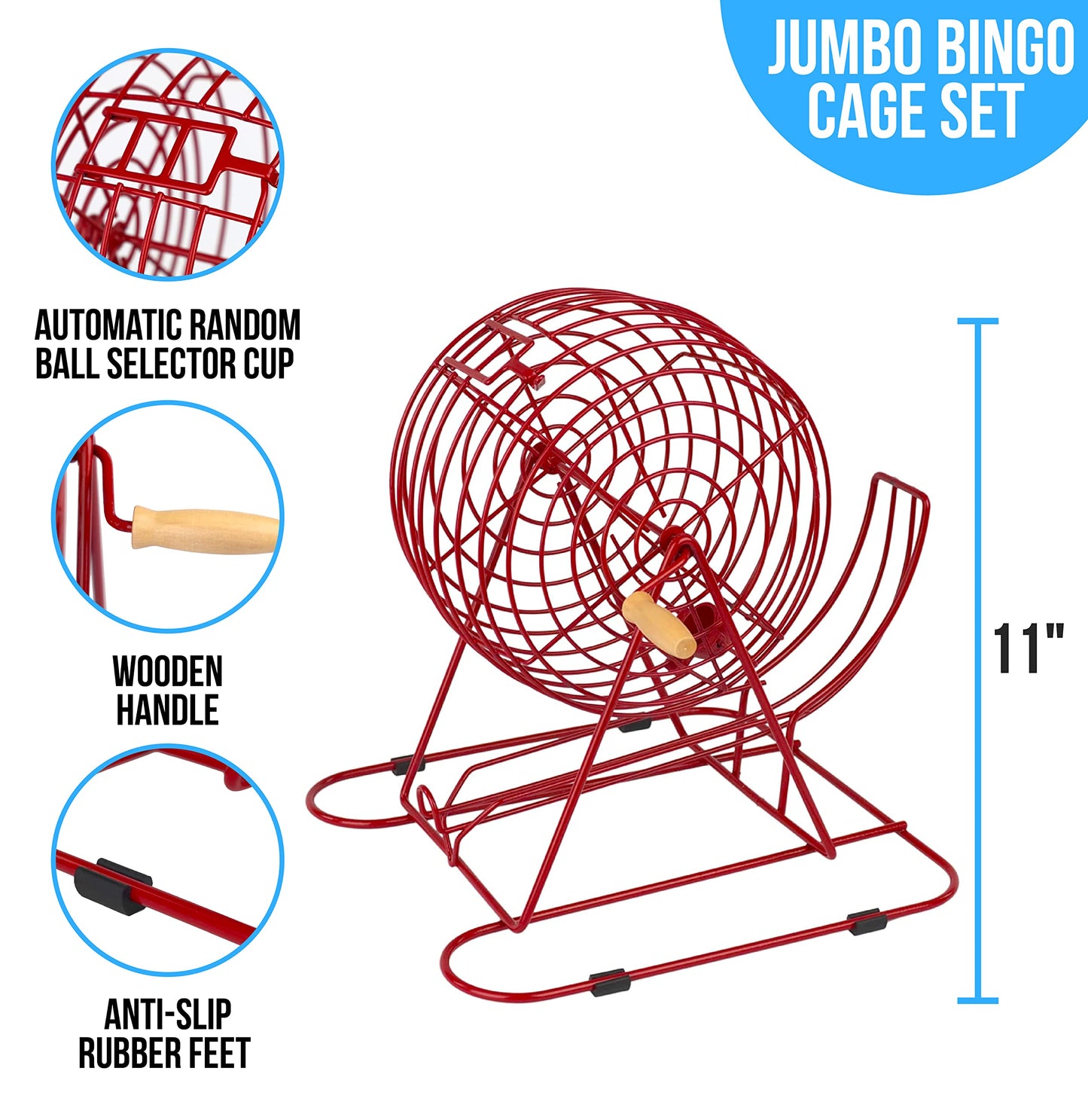 Regal Bingo Professional Set: 11-Inch Wheel Cage, 75 Balls, Master Board, 18 Standard Cards & 25 Jumbo Reusable Cards, Colorful Chips - Large Group Bingo for Adults - Red