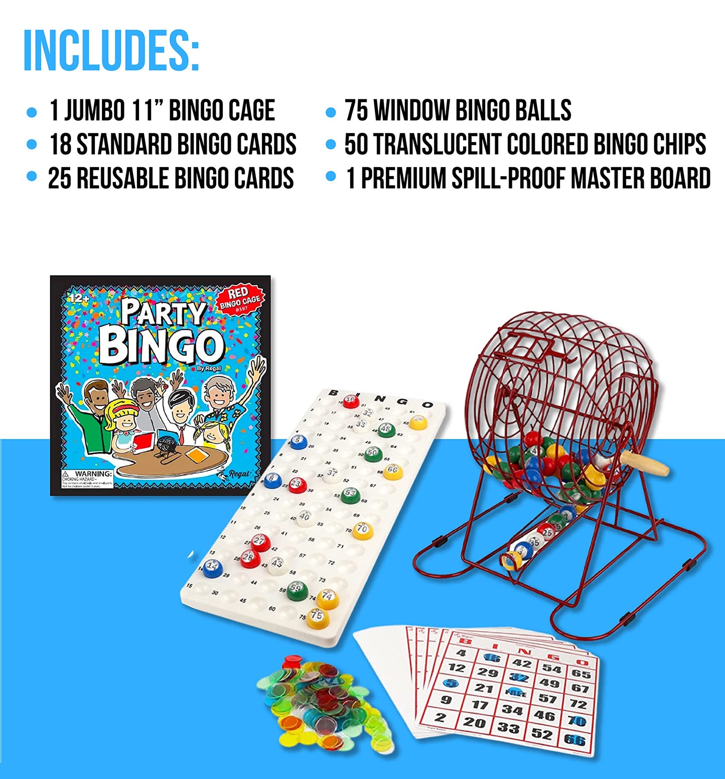 Regal Bingo Professional Set: 11-Inch Wheel Cage, 75 Balls, Master Board, 18 Standard Cards & 25 Jumbo Reusable Cards, Colorful Chips - Large Group Bingo for Adults - Red