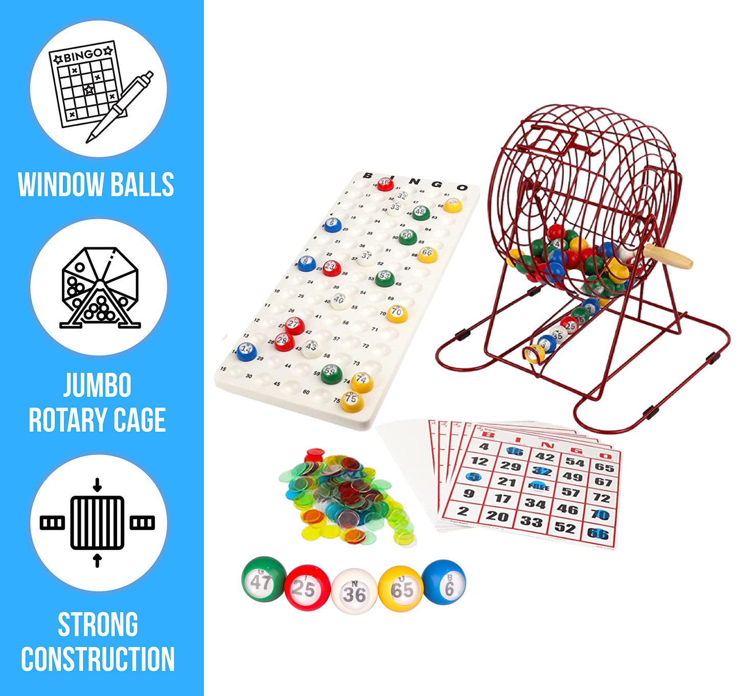 Regal Bingo Professional Set: 11-Inch Wheel Cage, 75 Balls, Master Board, 18 Standard Cards & 25 Jumbo Reusable Cards, Colorful Chips - Large Group Bingo for Adults - Red