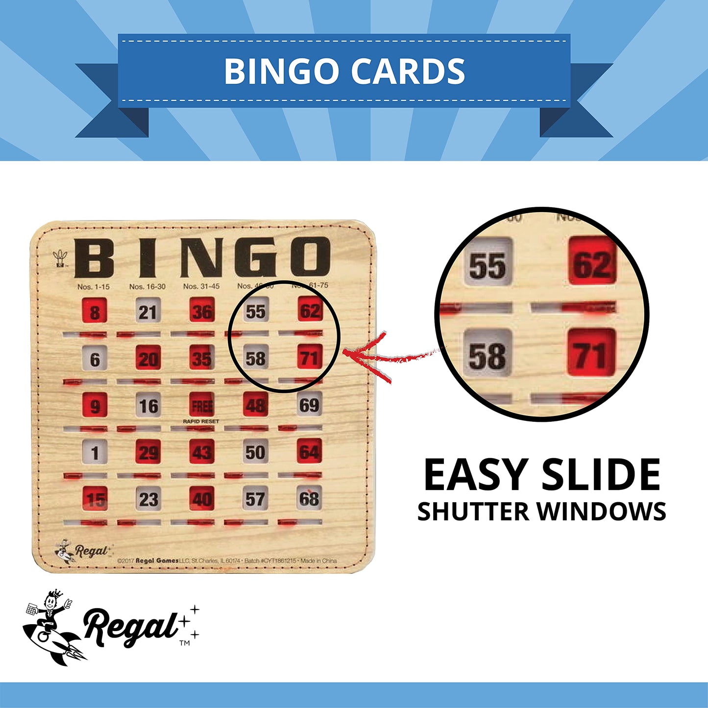 Regal Bingo Bulk Cards with Sliding Windows – 10 Pack, Reusable Woodgrain Cards