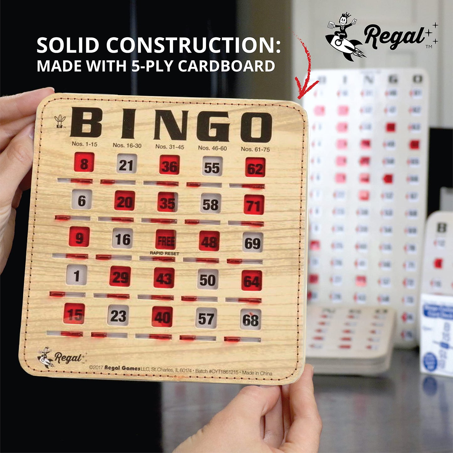 Regal Bingo Bulk Cards with Sliding Windows – 10 Pack, Reusable Woodgrain Cards