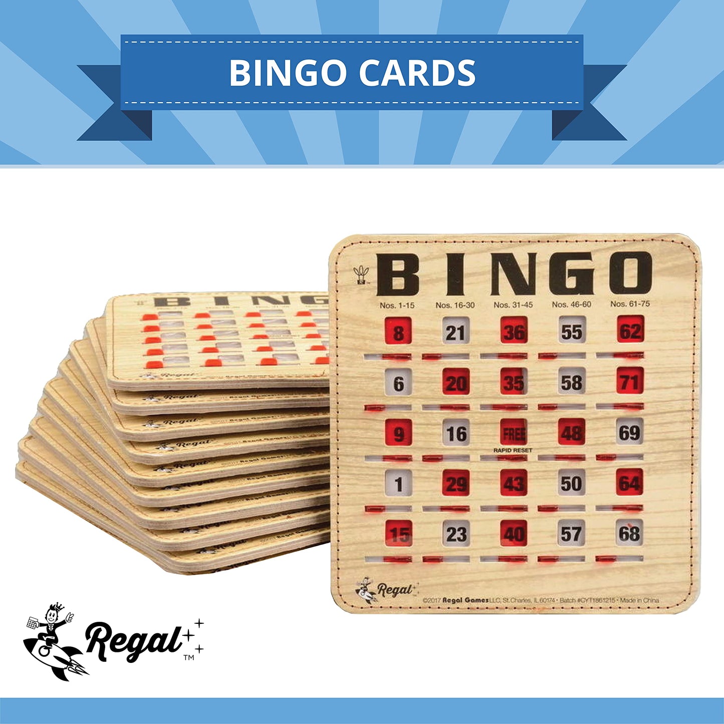 Regal Bingo Bulk Cards with Sliding Windows – 10 Pack, Reusable Woodgrain Cards