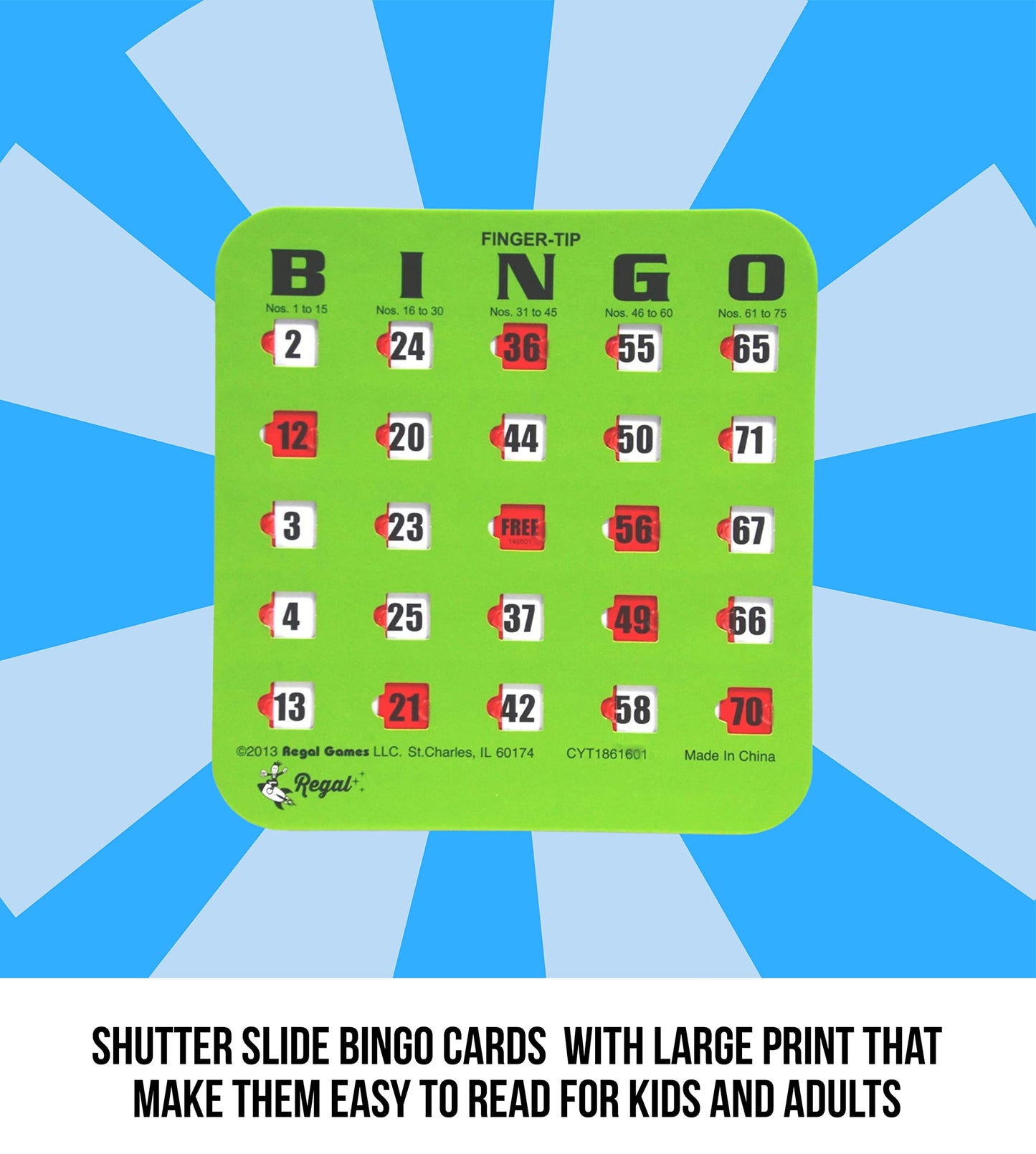 Regal Bingo Bulk Cards with Sliding Windows – 50-Pack Reusable Large-Print Cards for Adults, Green | Regal Games
