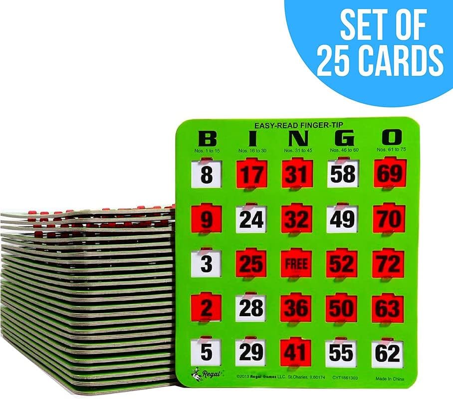 Regal Games Bulk Bingo Cards with Sliding Windows – Reusable Large-Print Green 25 Pack