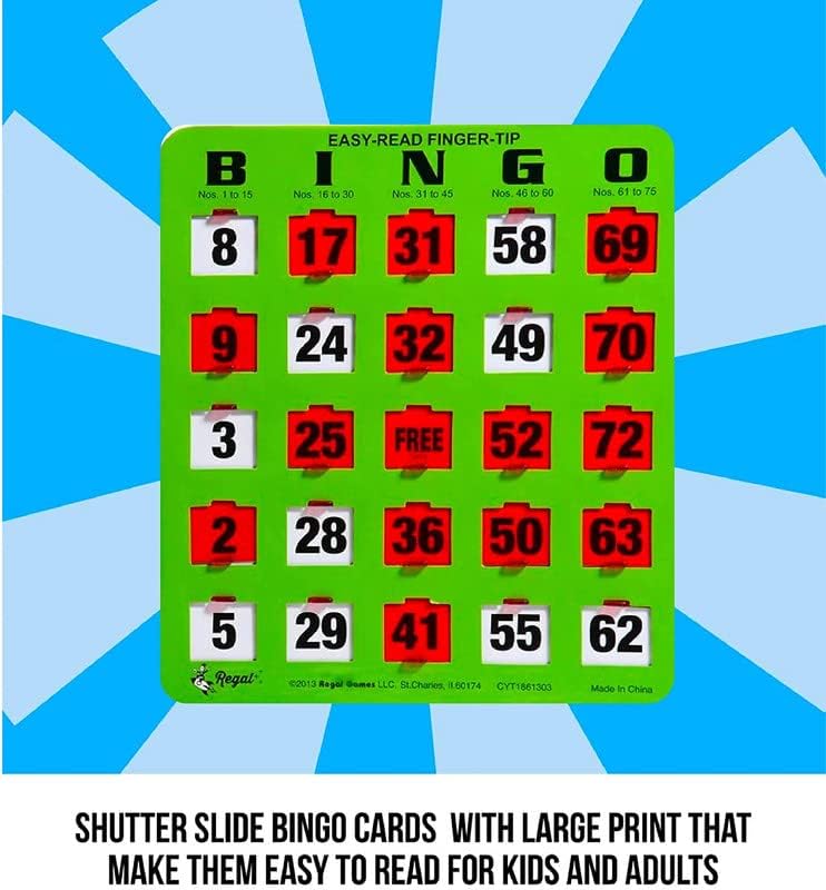 Regal Games Bulk Bingo Cards with Sliding Windows – Reusable Large-Print Green 25 Pack
