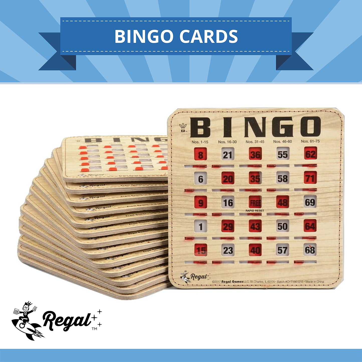 Regal Games Bulk Bingo Cards with Sliding Windows – 25 Pack, Woodgrain