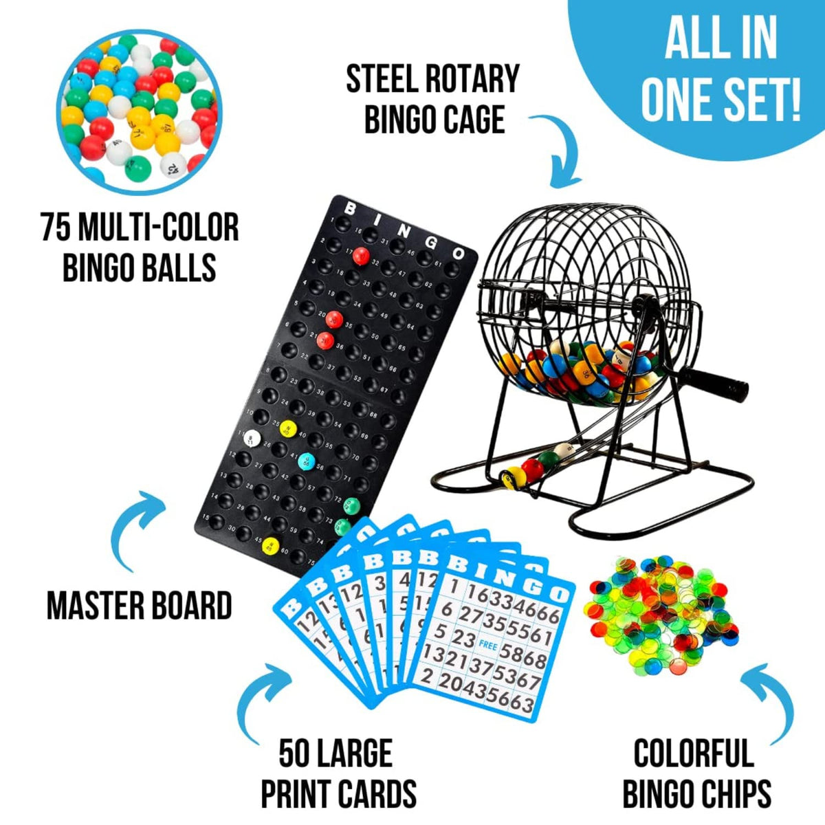 Regal Games Bingo Deluxe Game Set – 8-Inch Wheel Cage, 75 Balls, 50 Cards, Colorful Chips | Family Fun Night