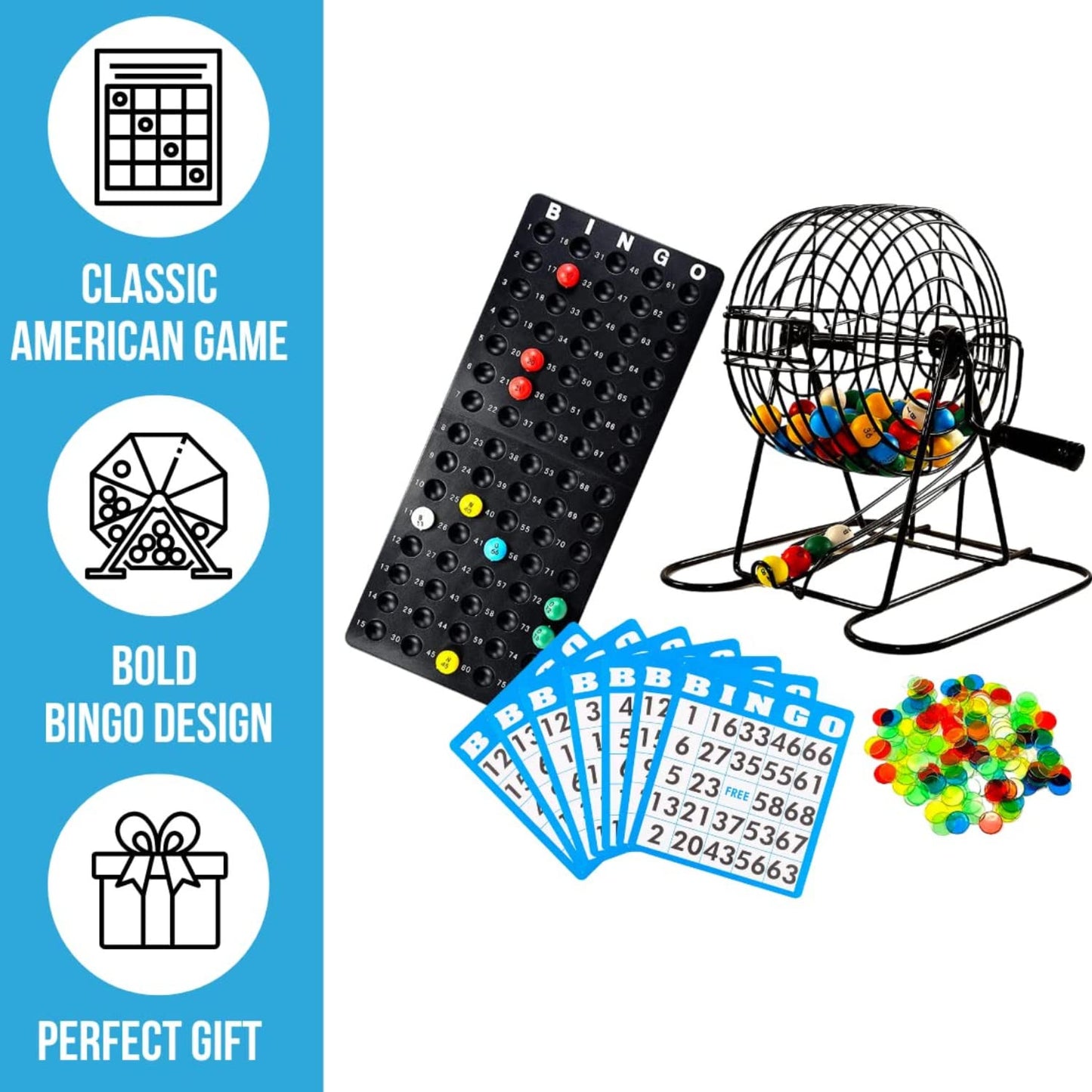 Regal Games Bingo Deluxe Game Set – 8-Inch Wheel Cage, 75 Balls, 50 Cards, Colorful Chips | Family Fun Night