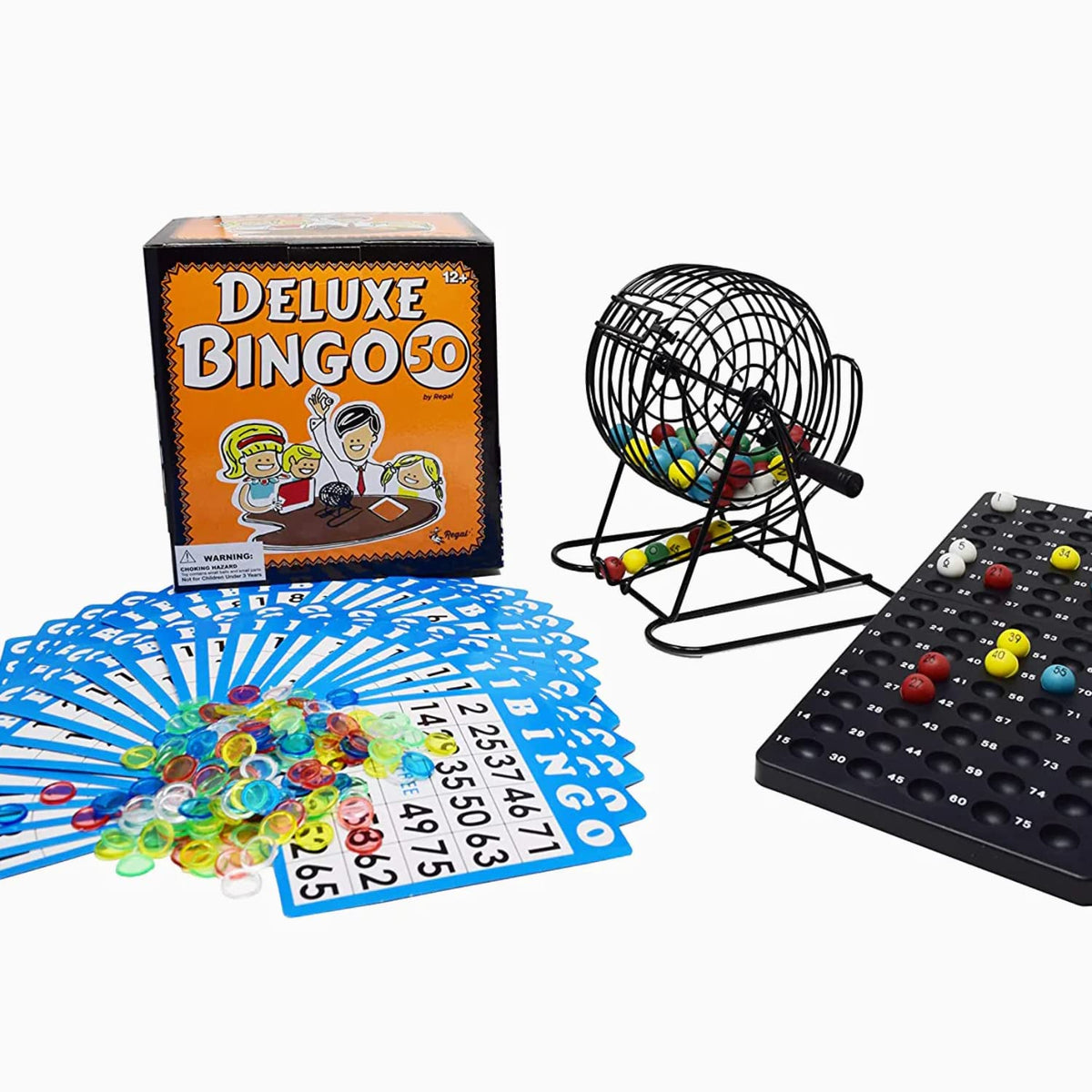 Regal Games Bingo Deluxe Game Set – 8-Inch Wheel Cage, 75 Balls, 50 Cards, Colorful Chips | Family Fun Night