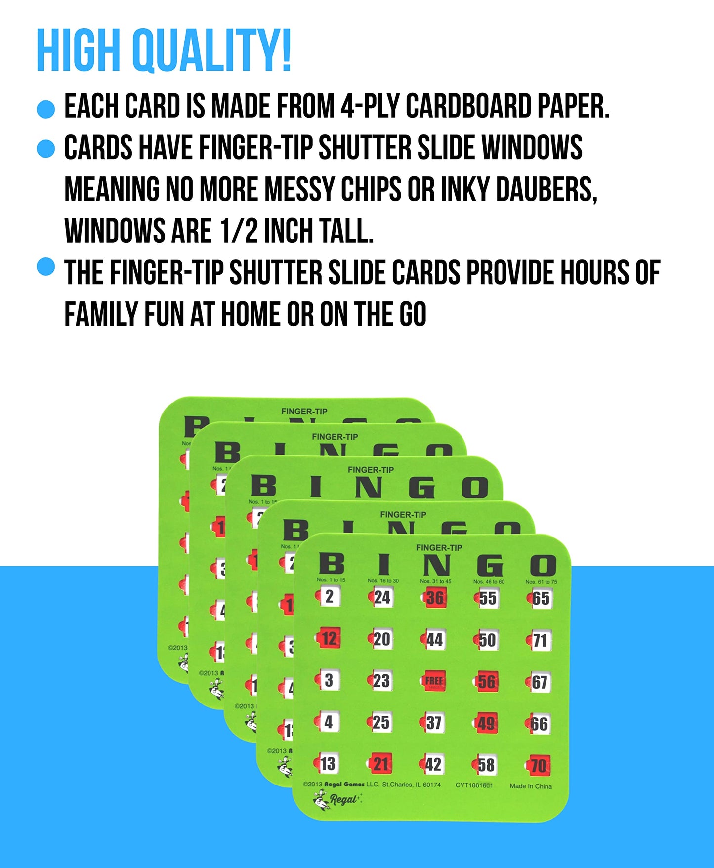 Regal Bingo Bulk Cards with Sliding Windows – 50-Pack Reusable Large-Print Cards for Adults, Green | Regal Games