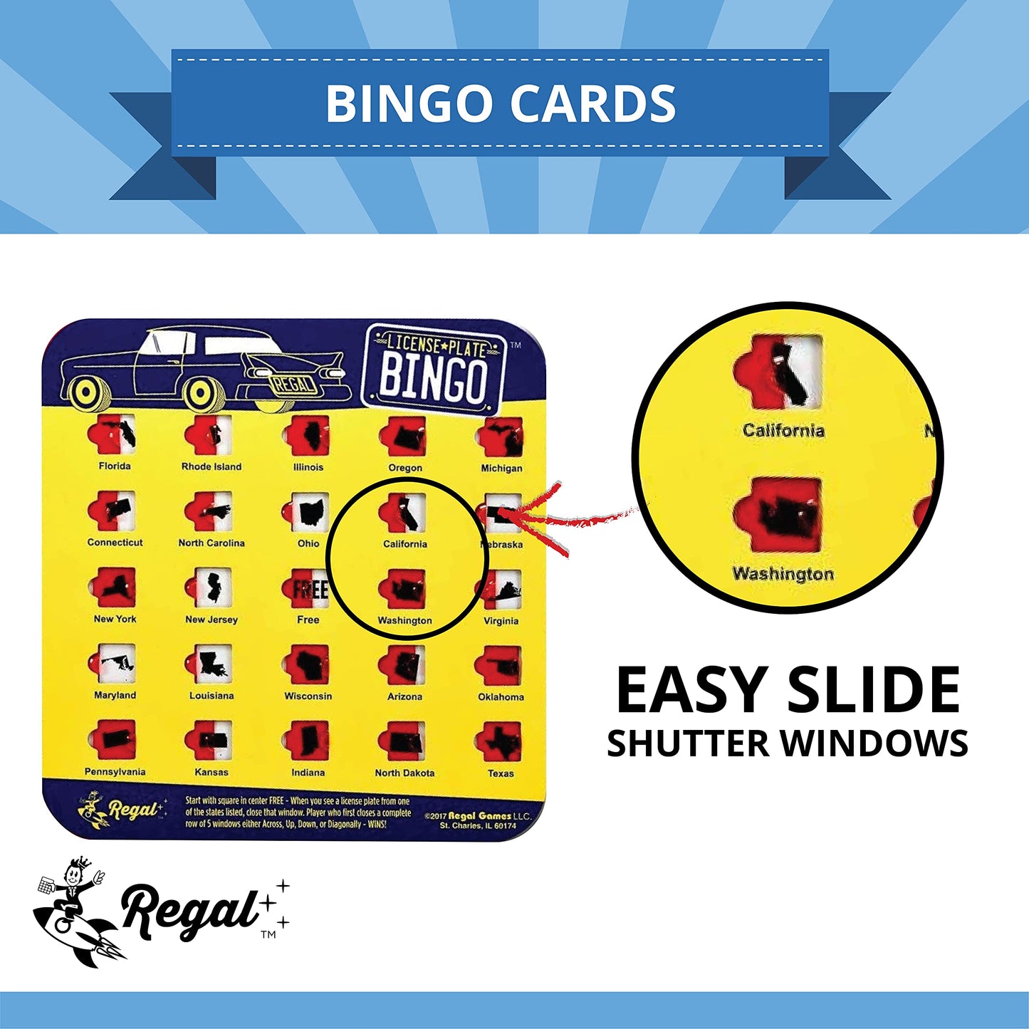 Regal Games Finger-Tip Shutter Bingo Cards – License Plate & Travel Set, 4 Packs (Yellow)