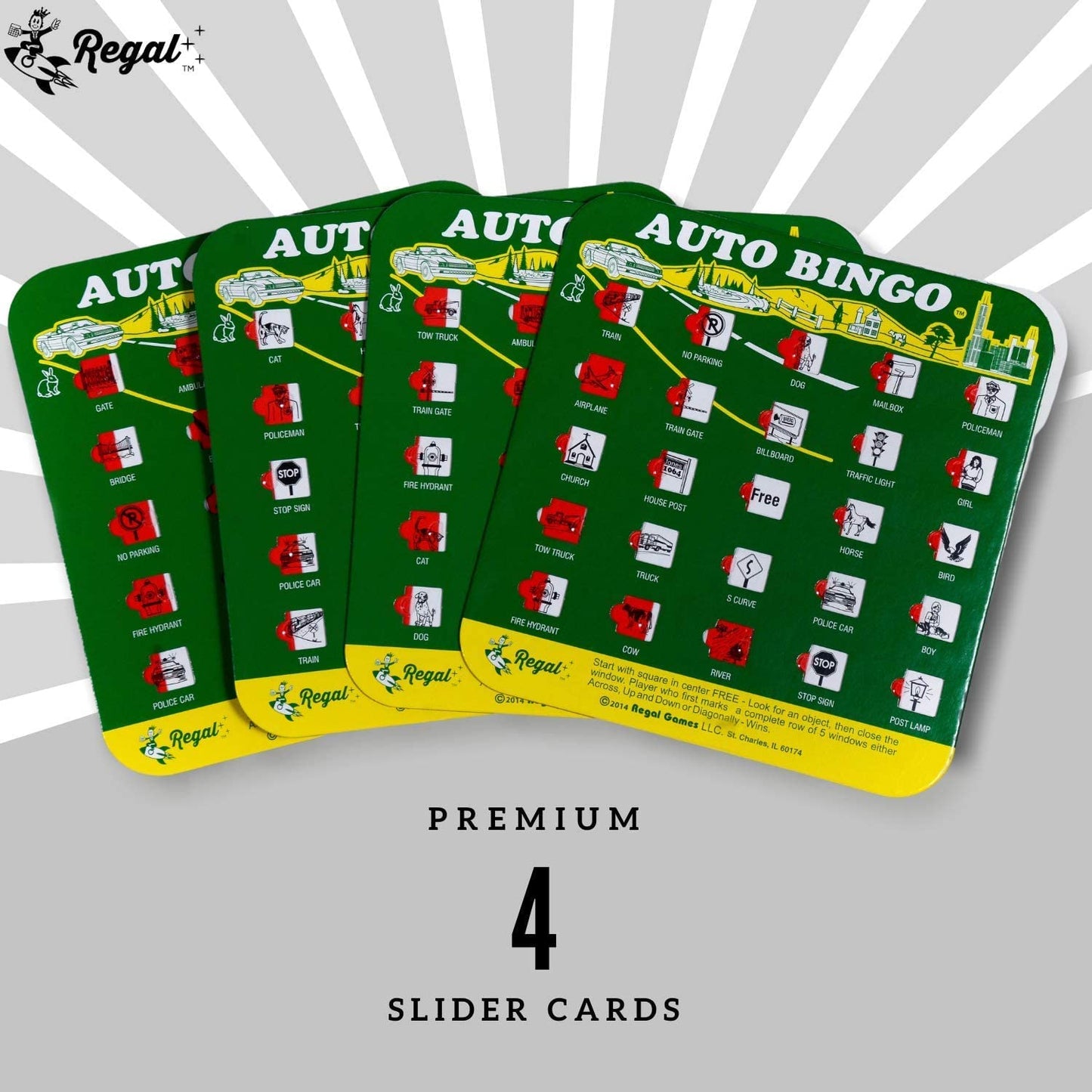 Regal Games Finger-Tip Shutter Bingo Cards with Sliding Windows (4-Pack, Green)