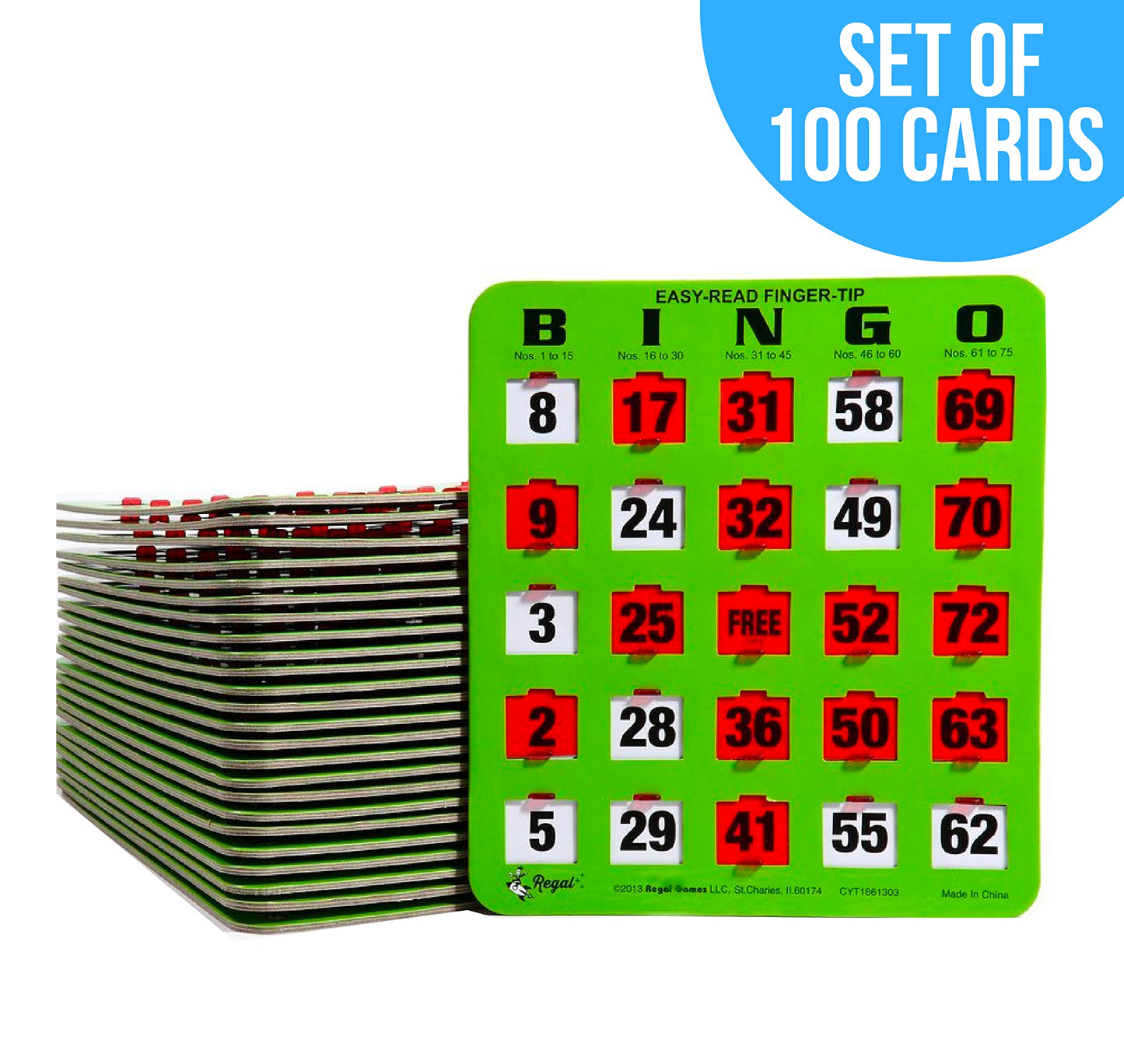 Regal Games Bulk Bingo Cards with Sliding Windows – Large-Print, Reusable 100 Pack (Green)