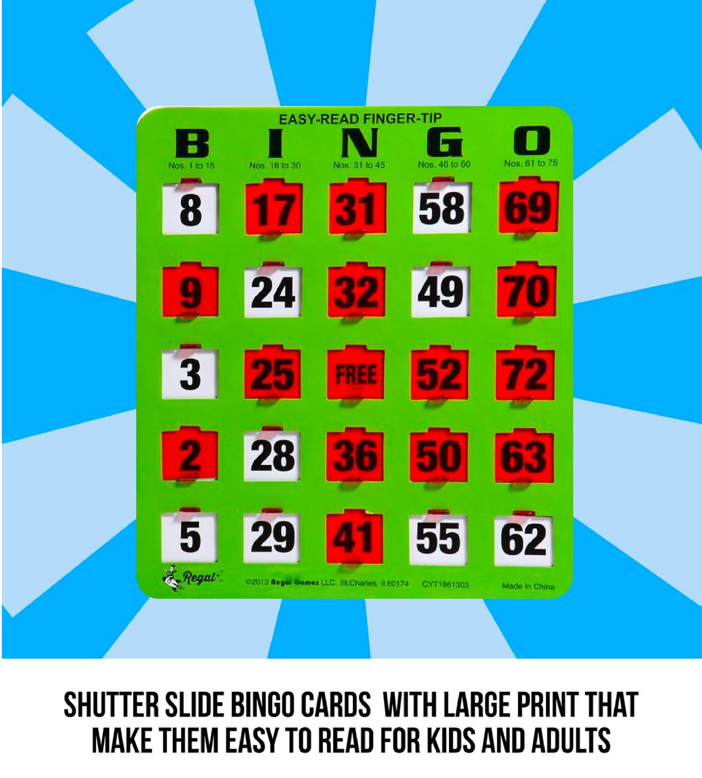 Regal Games Bulk Bingo Cards with Sliding Windows – Large-Print, Reusable 100 Pack (Green)