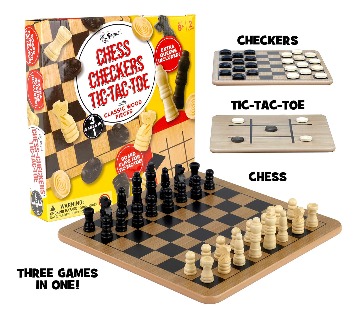Regal Games Reversible Wooden Board – Chess, Checkers & Tic-Tac-Toe with 24 Checkers and 32 Chess Pieces