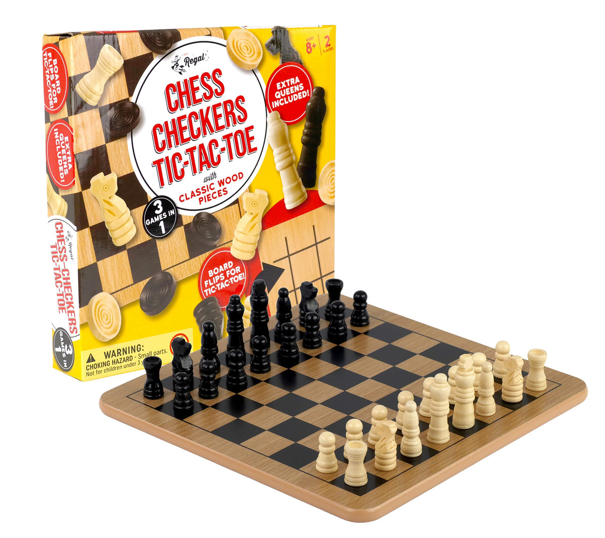 Regal Games Reversible Wooden Board – Chess, Checkers & Tic-Tac-Toe with 24 Checkers and 32 Chess Pieces