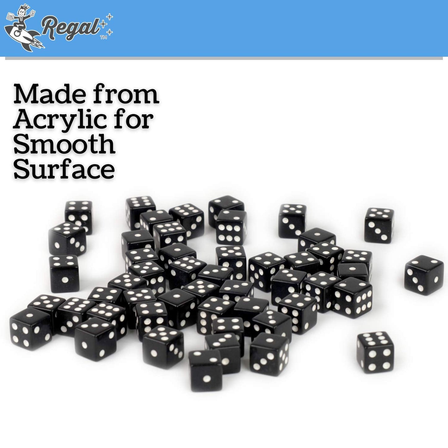 Regal Games 6-Sided Square Dice - Black, 16mm | 50-Piece Set for Family Game Night