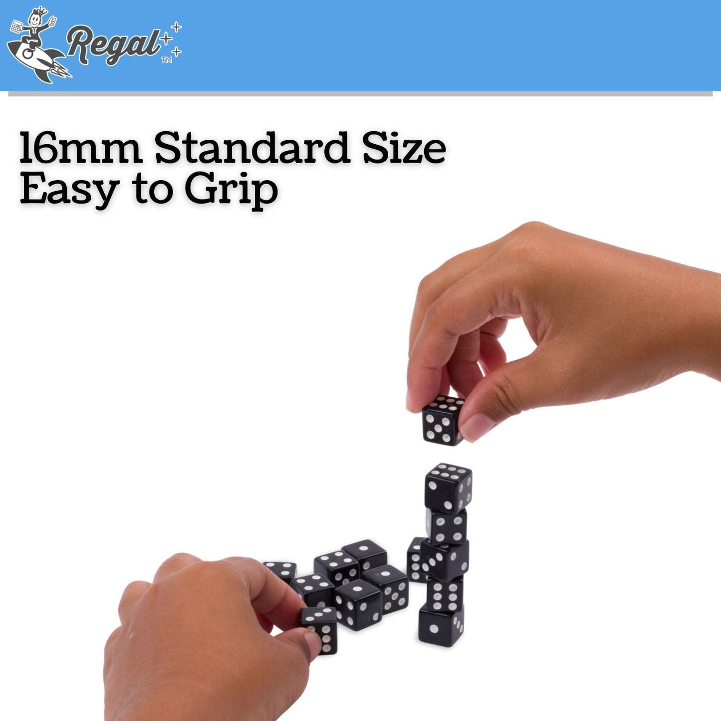 Regal Games 6-Sided Square Dice - Black, 16mm | 50-Piece Set for Family Game Night
