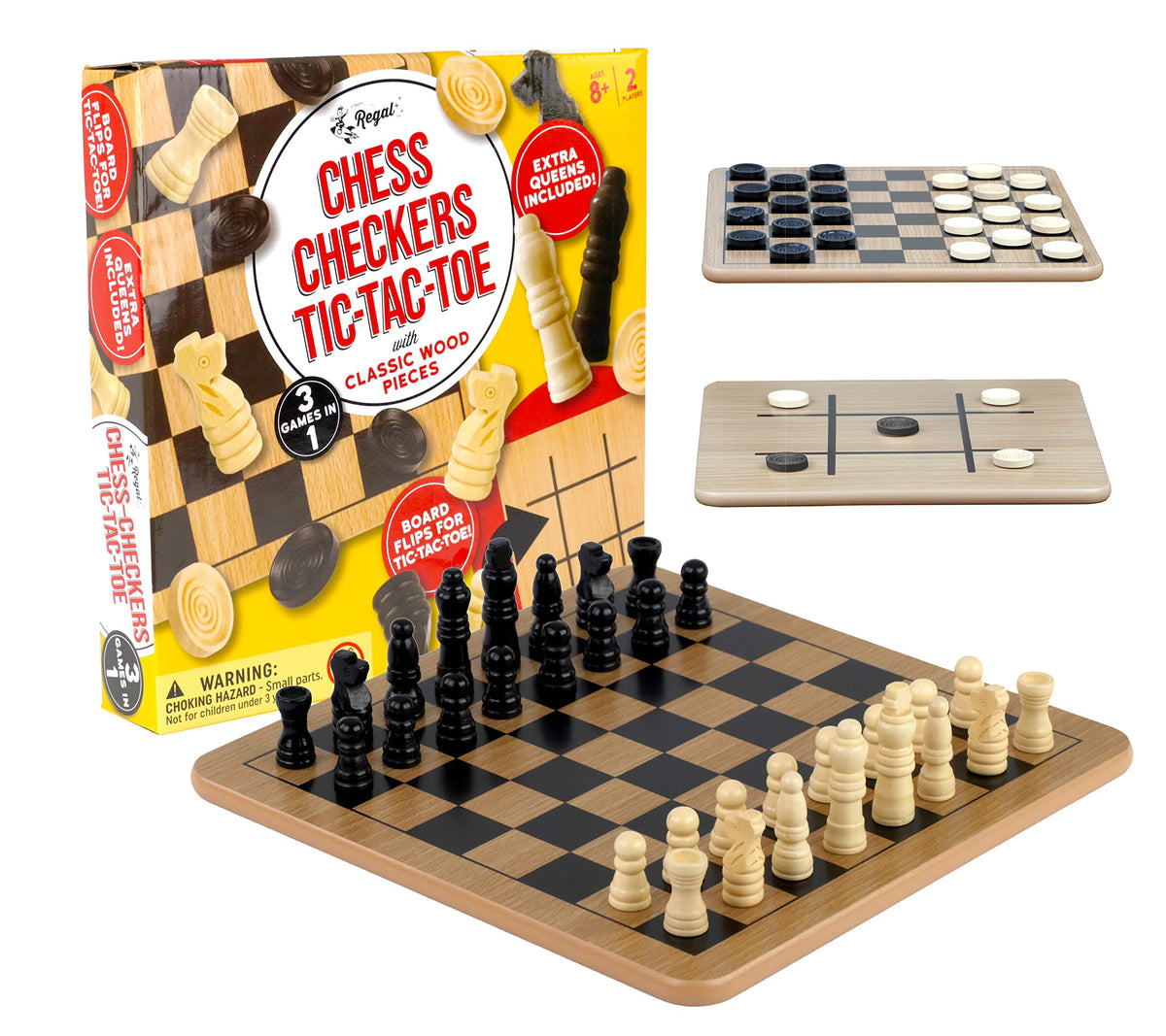 Regal Games Reversible Wooden Board – Chess, Checkers & Tic-Tac-Toe with 24 Checkers and 32 Chess Pieces