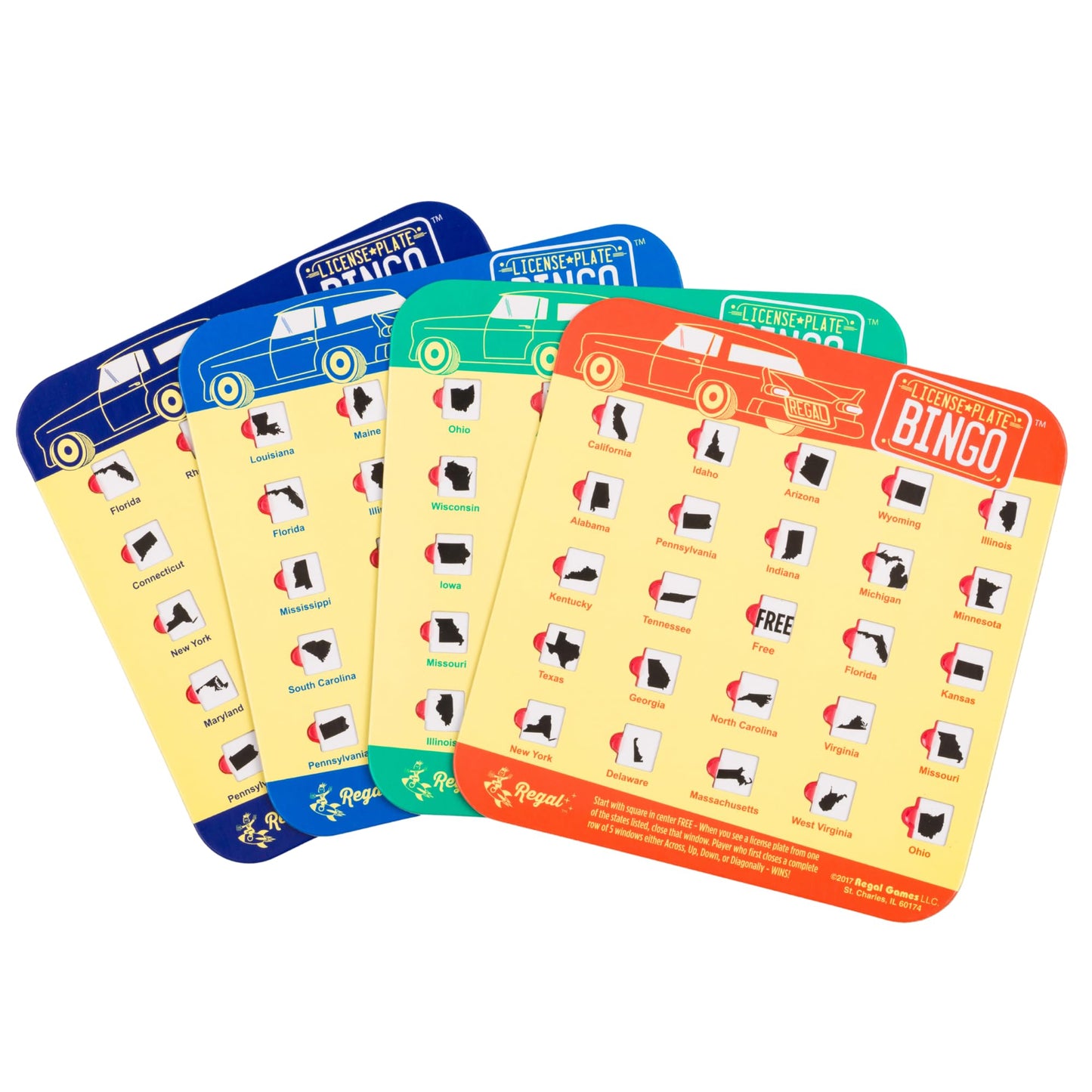 Regal Games Finger-Tip Shutter Bingo Cards – License Plate & Travel Set, 4 Packs (Yellow)