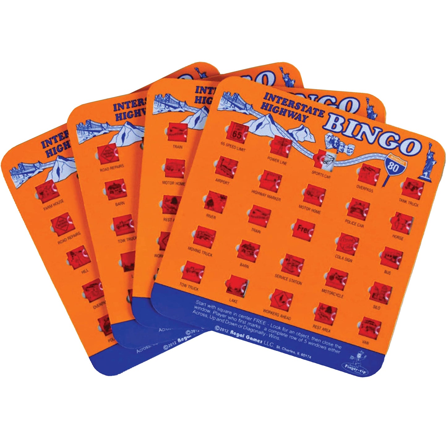 Regal Games Finger-Tip Shutter Bingo Cards with Sliding Windows – Interstate Highway Travel Bingo Set – Orange (4 Packs)