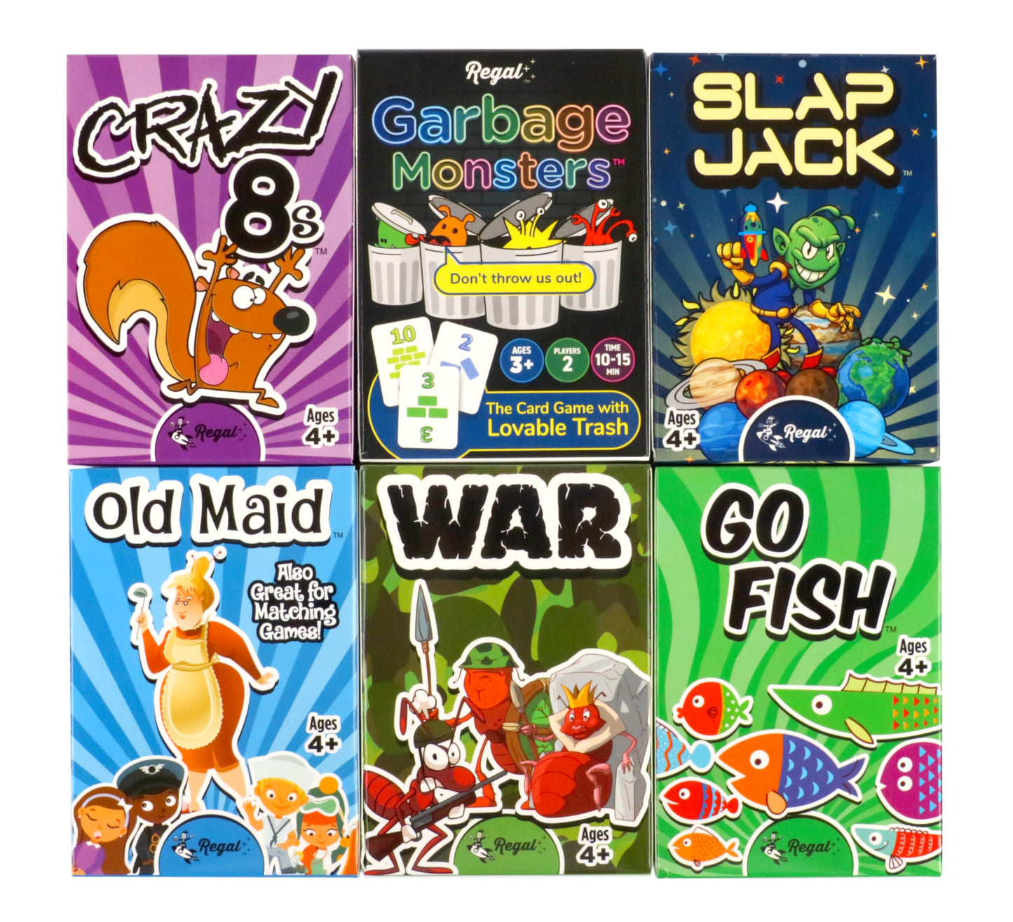 Regal Games Kids Card Games - Go Fish, Crazy 8s, Old Maid, Slap Jack, War, Silly Monster Memory Match (6-Set)