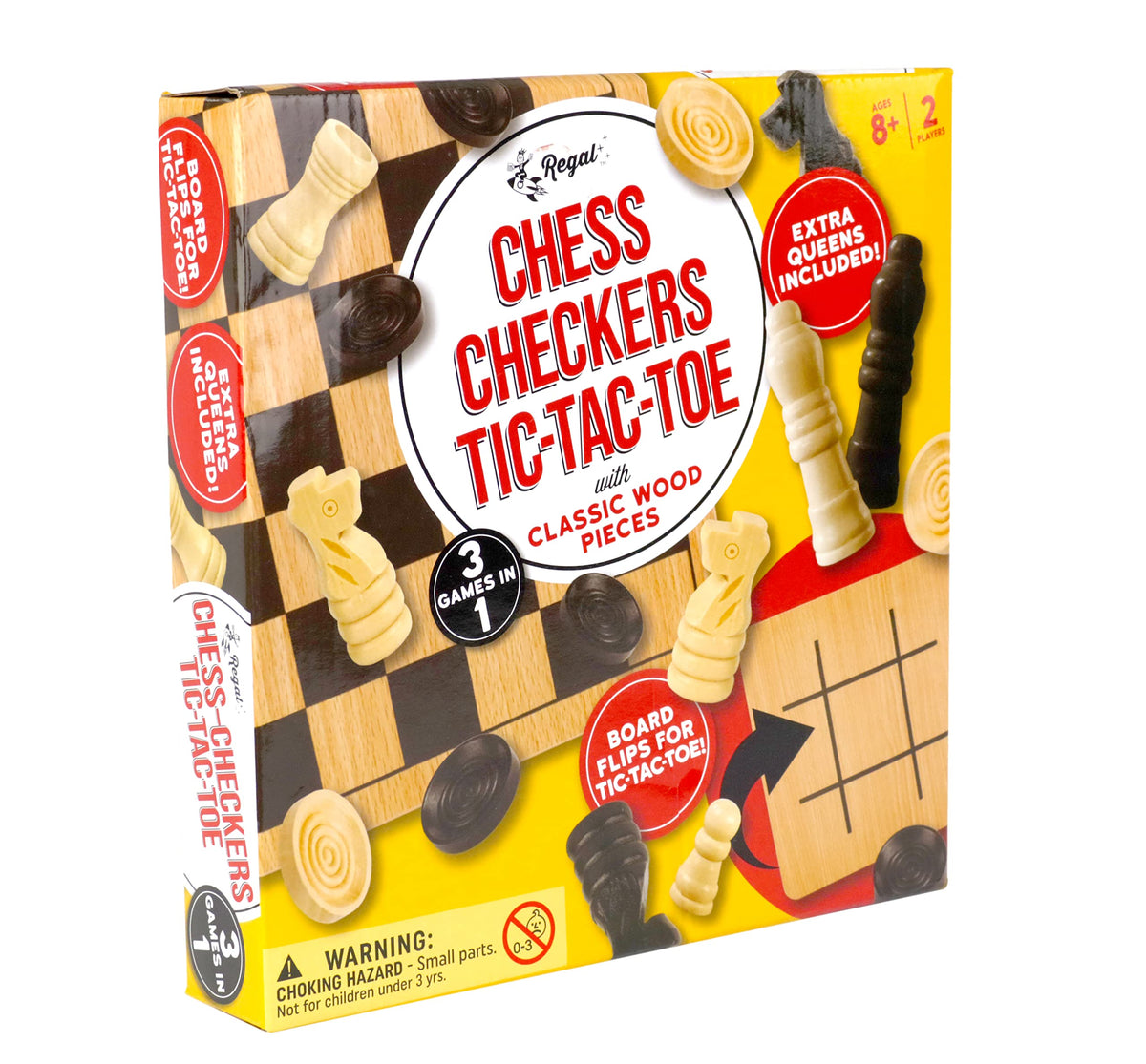 Regal Games Reversible Wooden Board – Chess, Checkers & Tic-Tac-Toe with 24 Checkers and 32 Chess Pieces
