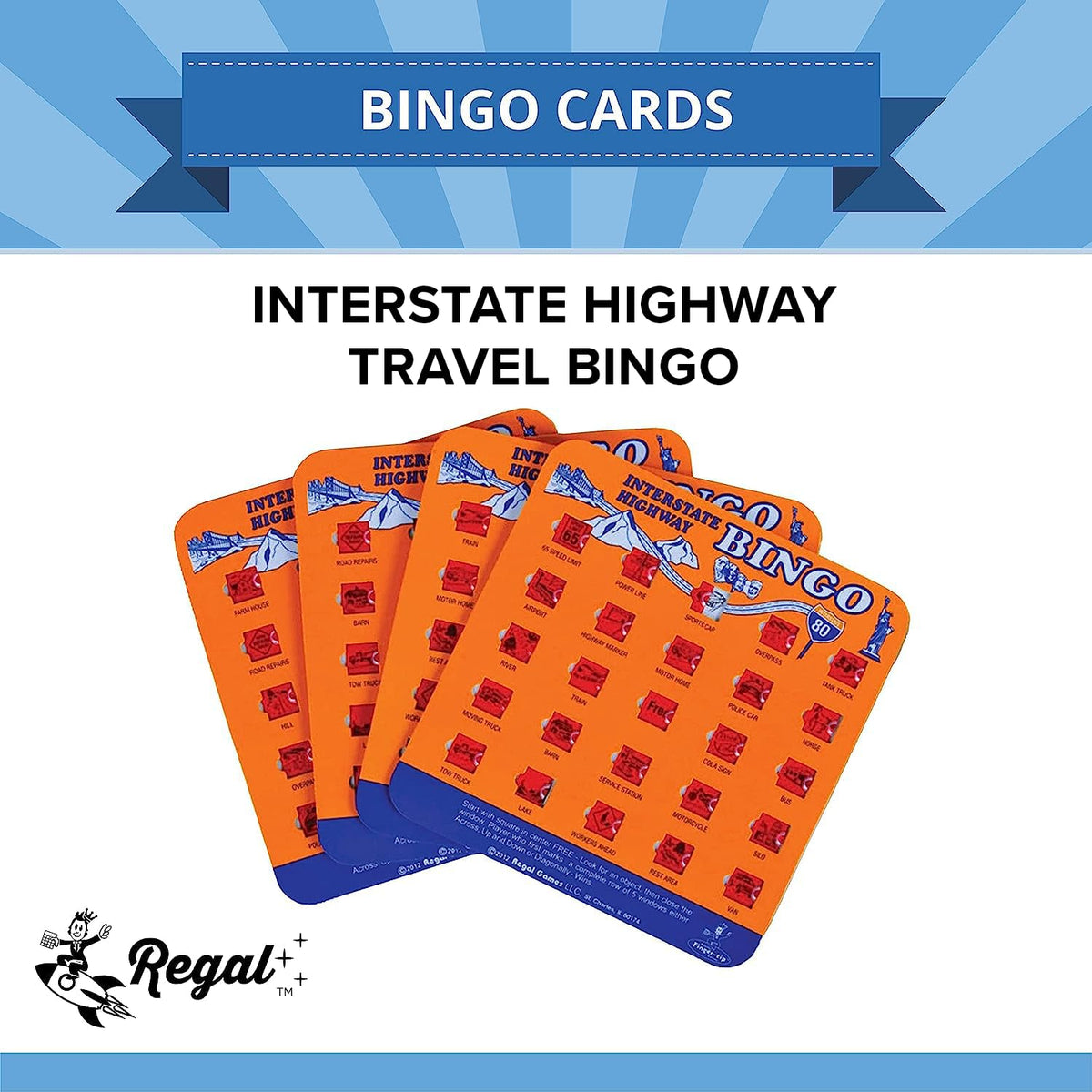 Regal Games Finger-Tip Shutter Bingo Cards with Sliding Windows – Interstate Highway Travel Bingo Set – Orange (4 Packs)