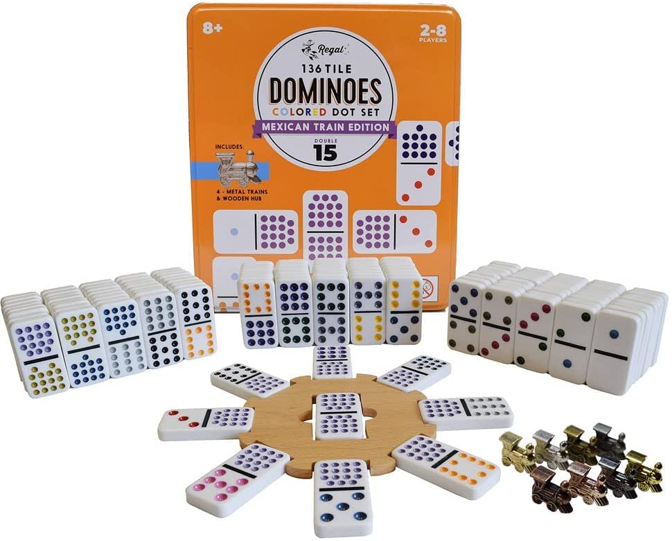 Regal Games Mexican Train Double 15 Dominoes Set – 136 Tiles, 8 Metal Trains, 2-8 Players, Ages 8+