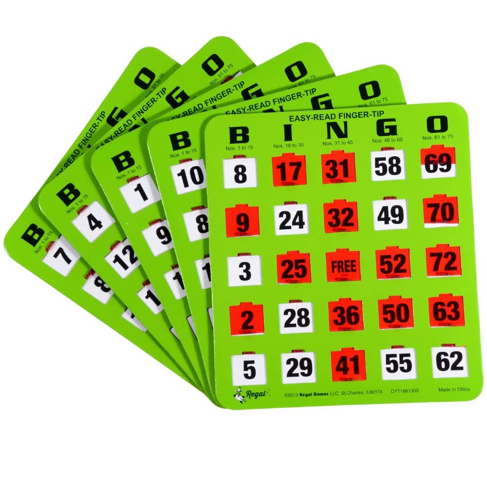 Regal Games Bulk Bingo Cards with Sliding Windows – Large-Print, Reusable 100 Pack (Green)