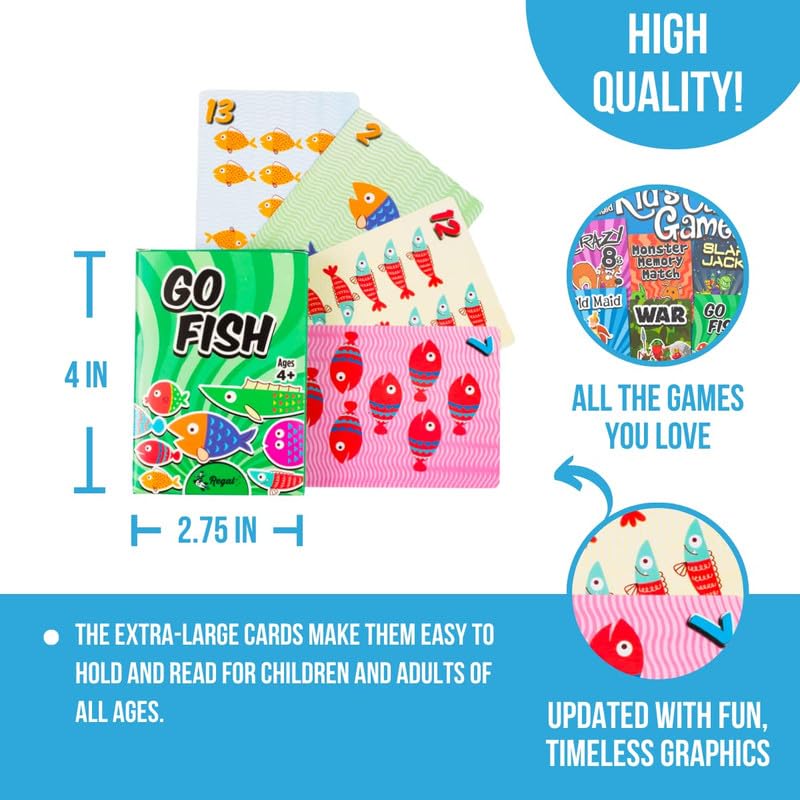 Regal Games Card Games for Kids — Go Fish, Crazy 8's, Old Maid, Slap Jack, War & Memory Match (6 in 1)