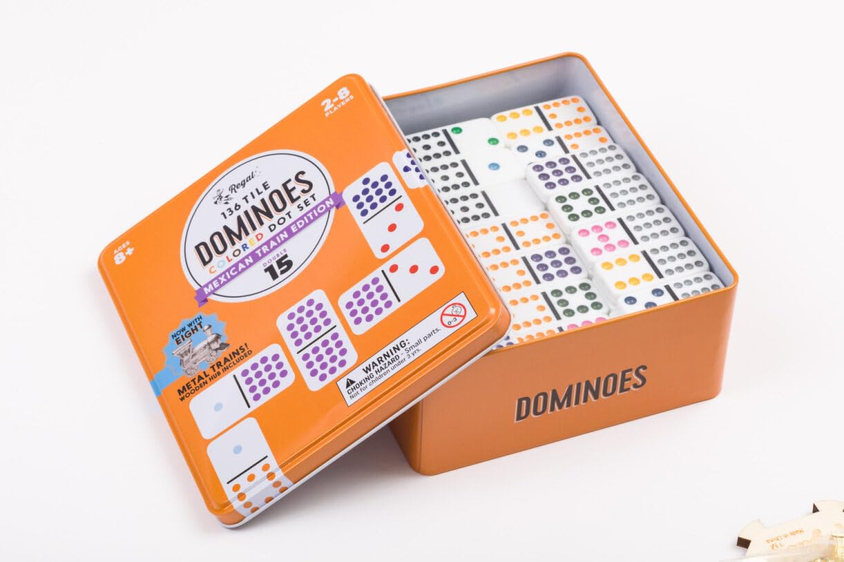 Regal Games Mexican Train Double 15 Dominoes Set – 136 Tiles, 8 Metal Trains, 2-8 Players, Ages 8+