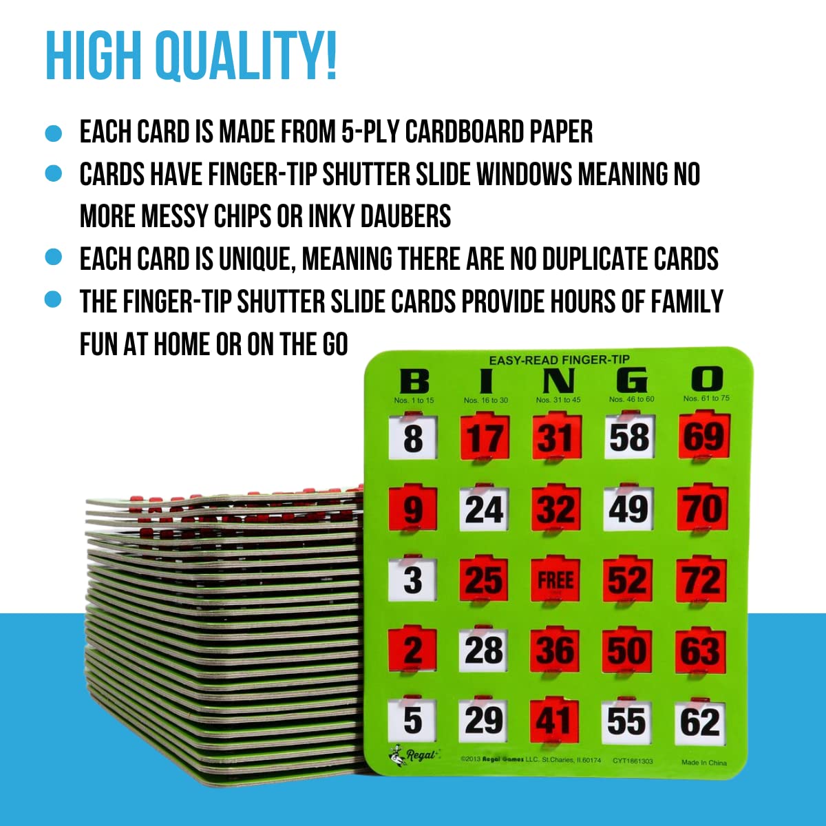 Regal Games Bulk Bingo Cards with Sliding Windows – Large-Print, Reusable 100 Pack (Green)