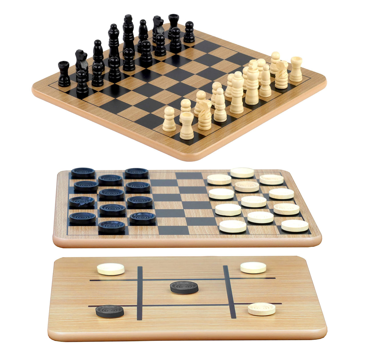 Regal Games Reversible Wooden Board – Chess, Checkers & Tic-Tac-Toe with 24 Checkers and 32 Chess Pieces