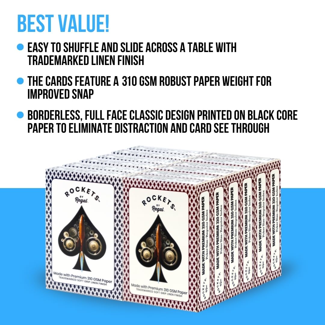 Regal Games 12-Deck Rockets Bulk Playing Cards — 310 GSM Linen Finish, Casino-Grade